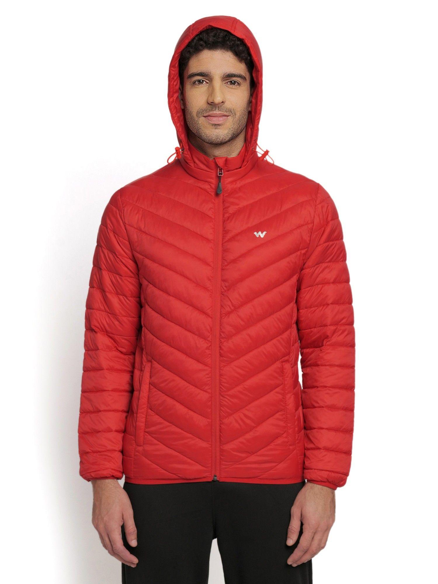 Men Nylon Solid Plain Jacket-Red
