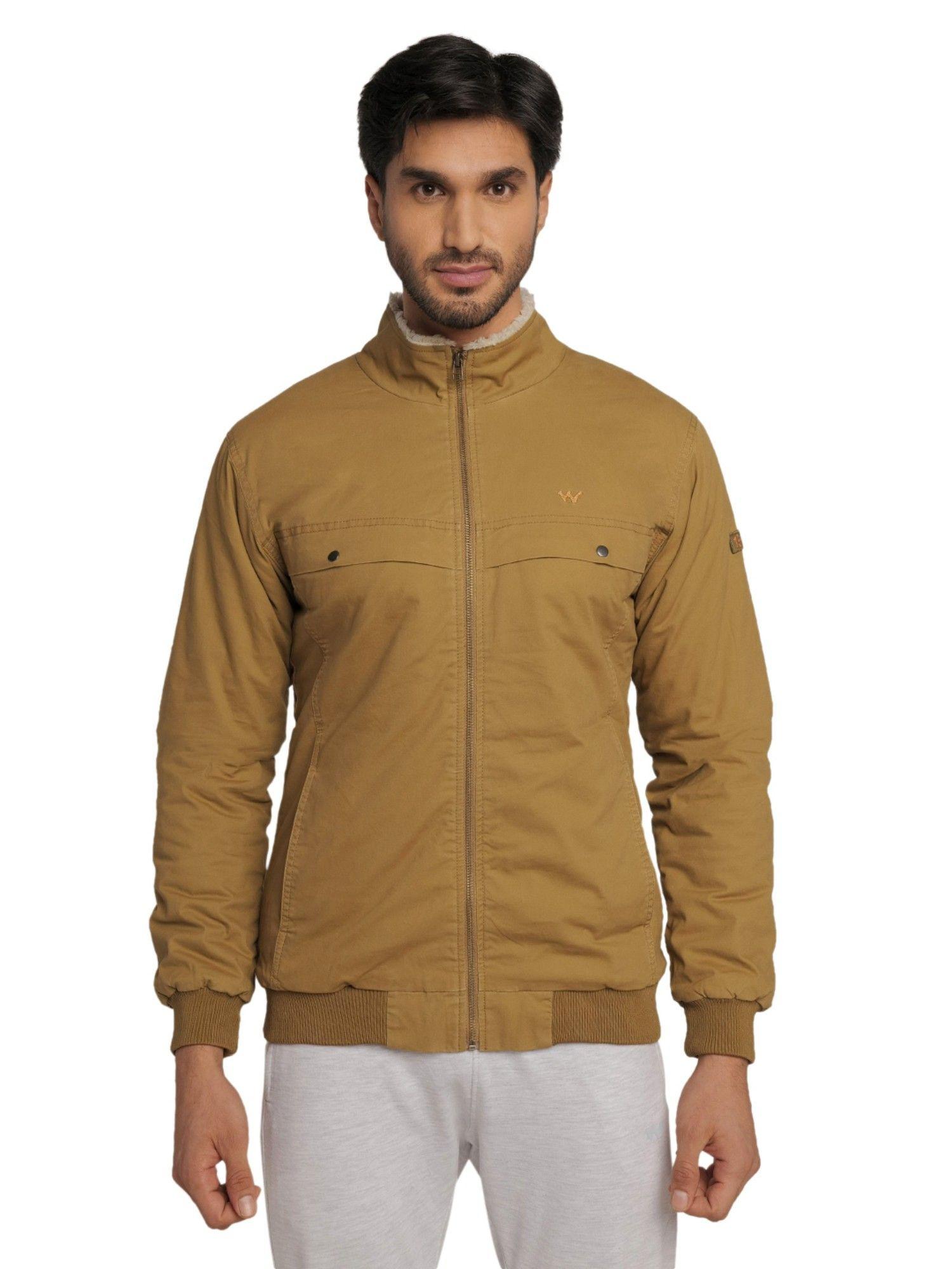Men Cotton Solid Plain Jacket-Khaki