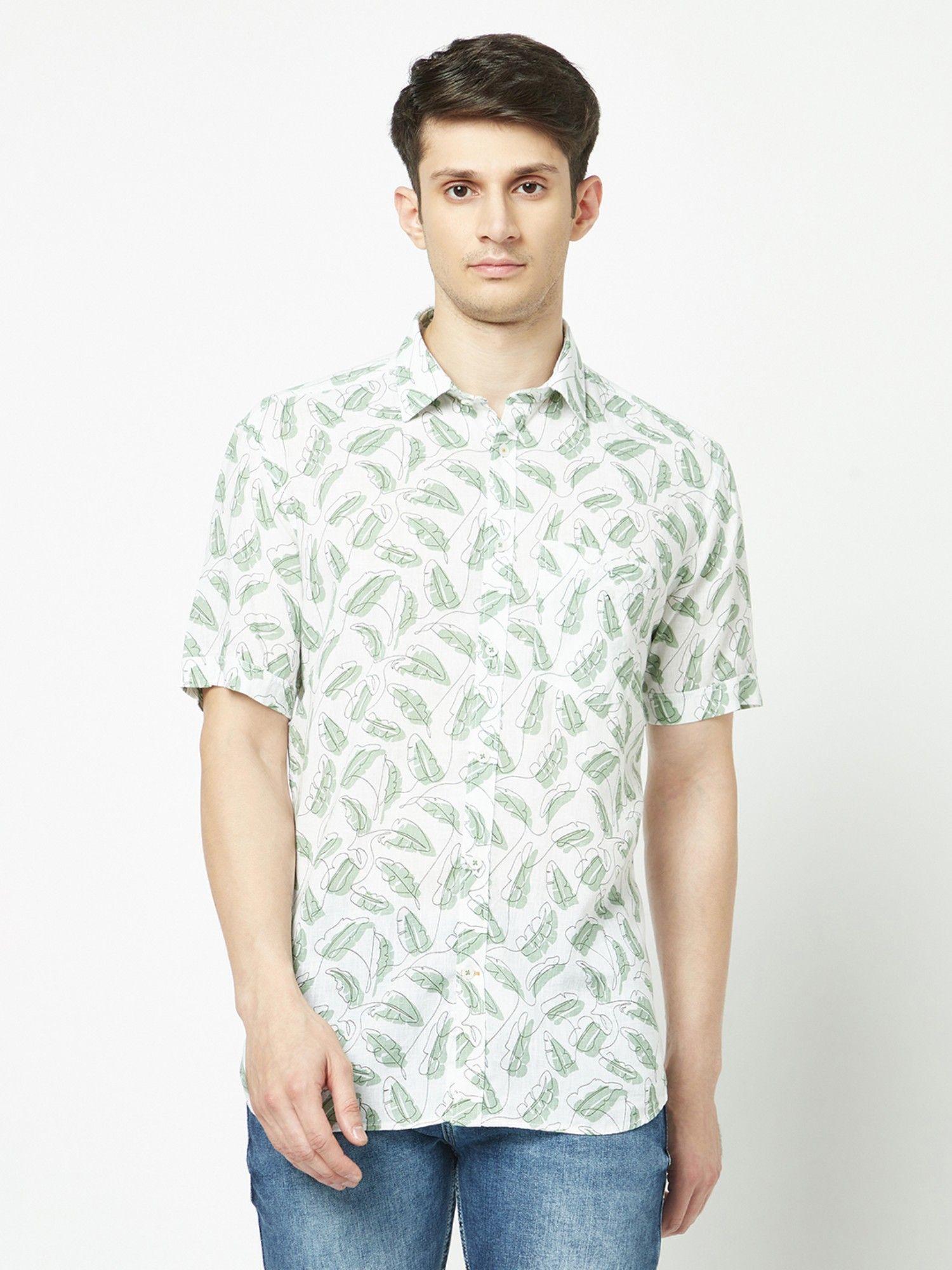 Men White & Green One Line Floral Print Shirt