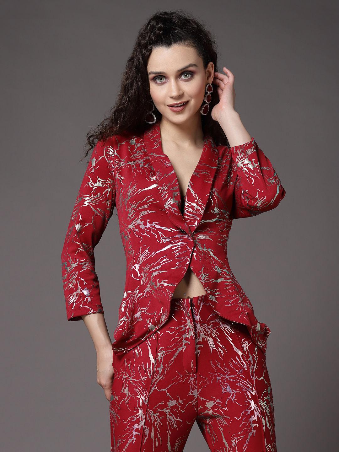 Red Foil Printed Single Breasted Party Blazer