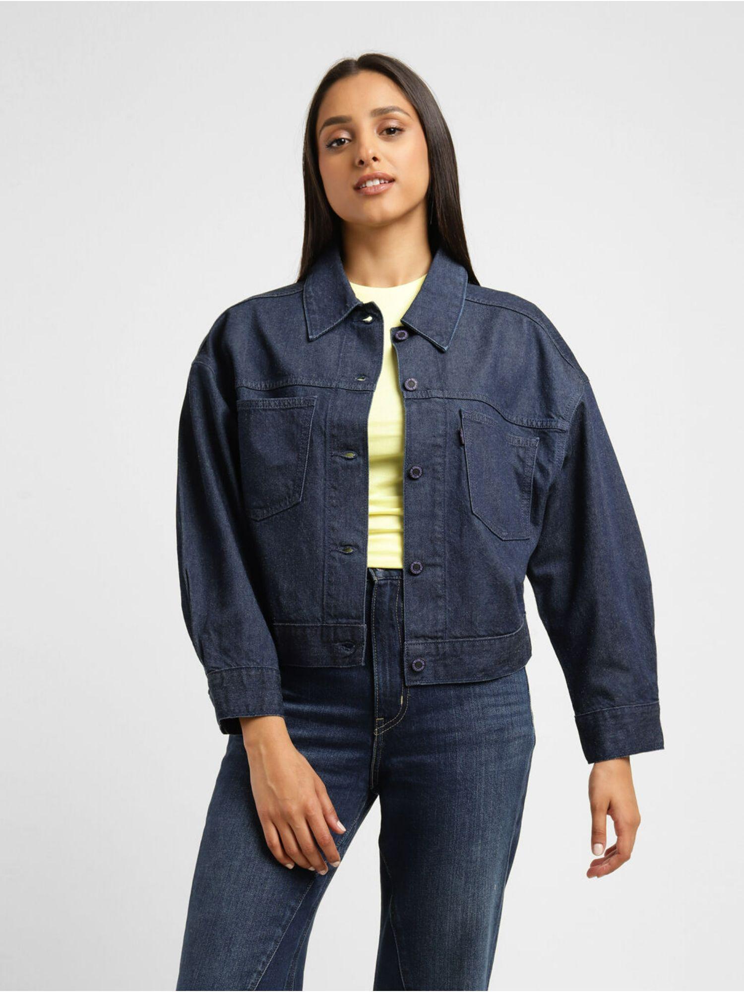Womens Solid Navy Shirt Collar Jacket