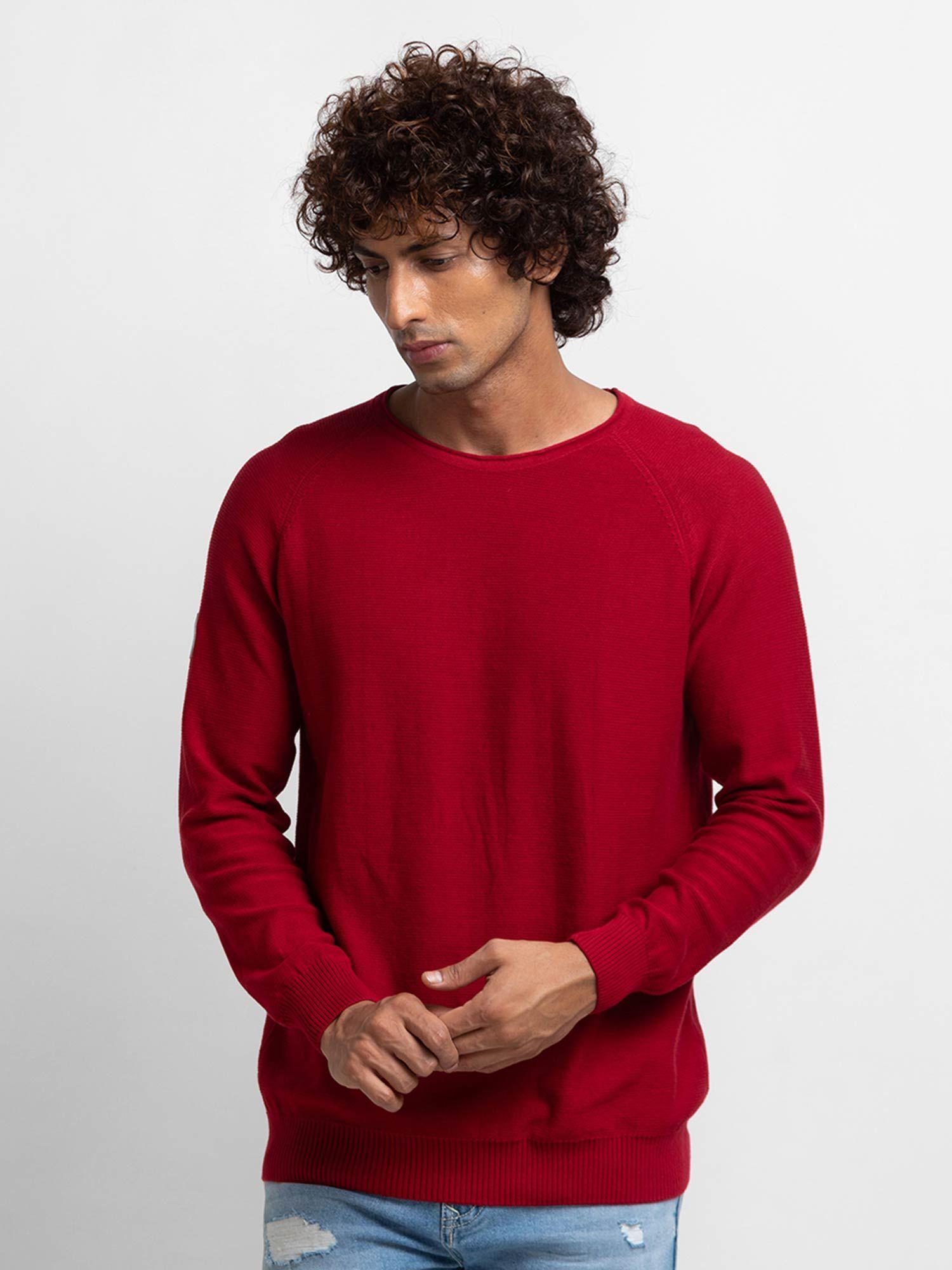 Deep Red Cotton Full Sleeve Casual Sweater for Men