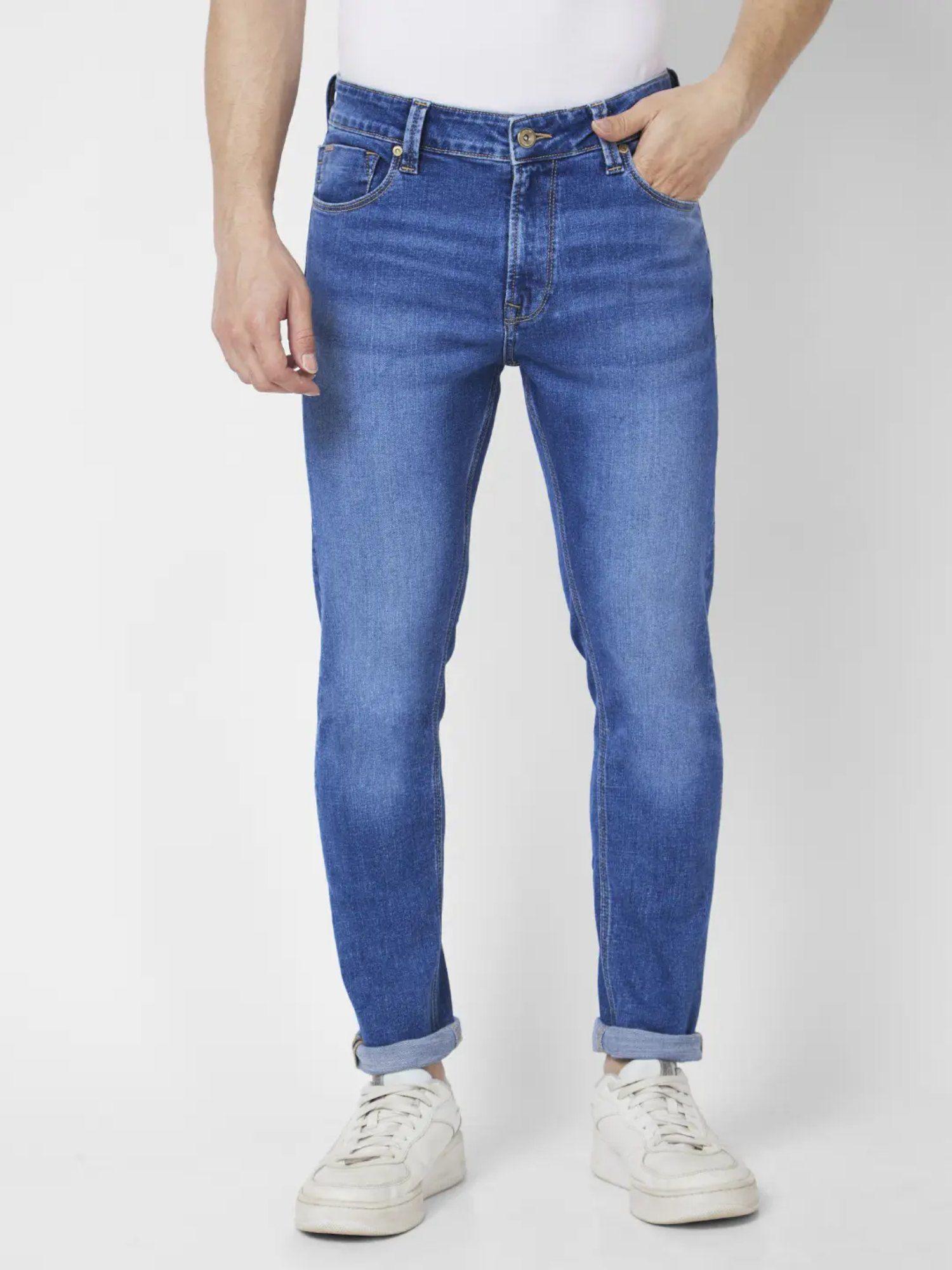 Men Mid Blue Cotton Stretch Super Slim Fit Jeans Super Skinny