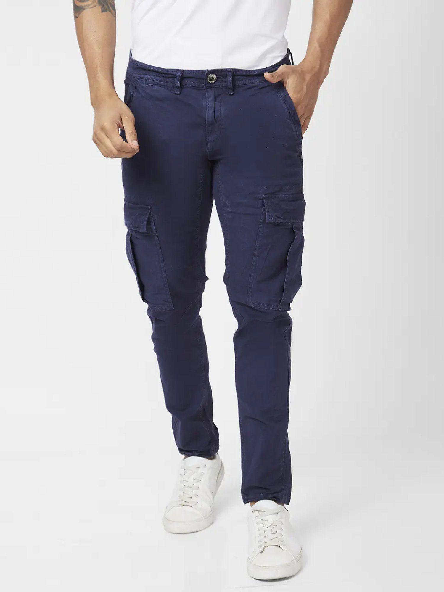 Men Navy Blue Cotton Tapered Fit Ankle Length Mid Rise Cargo Pant