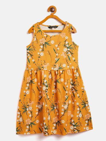 Girls Knee Length Printed Fit & Flare Dress Yellow