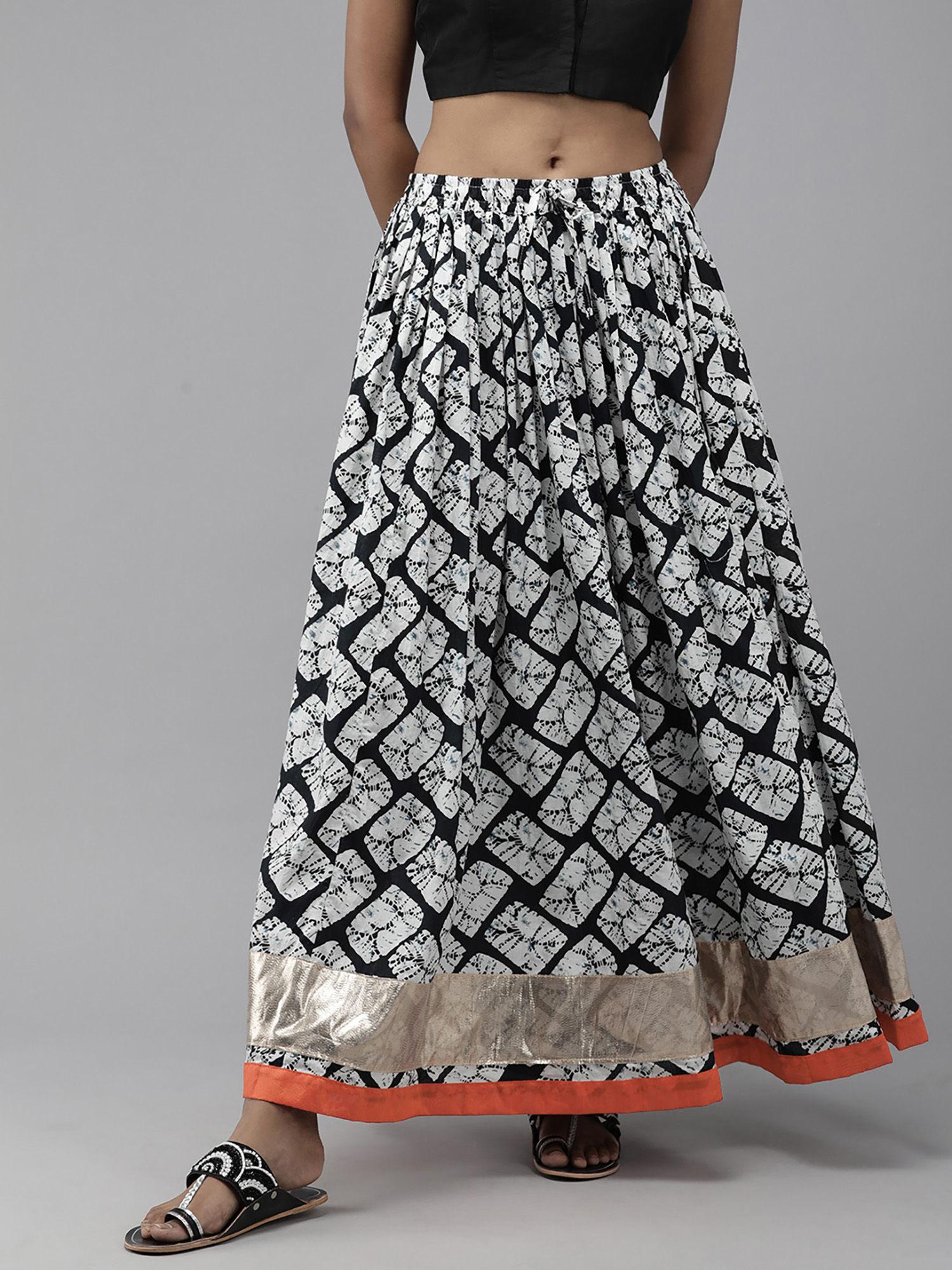 White & Black Hand Block Printed Cotton Skirt with Magzi Border