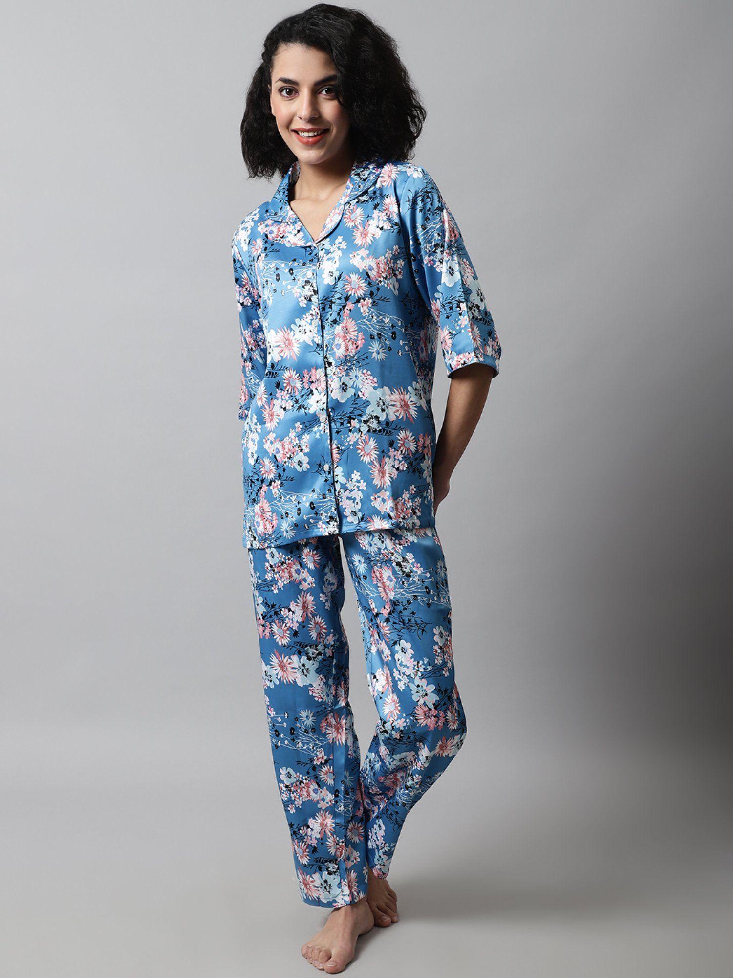 Floral Printed Satin Night Suit (Set of 2)