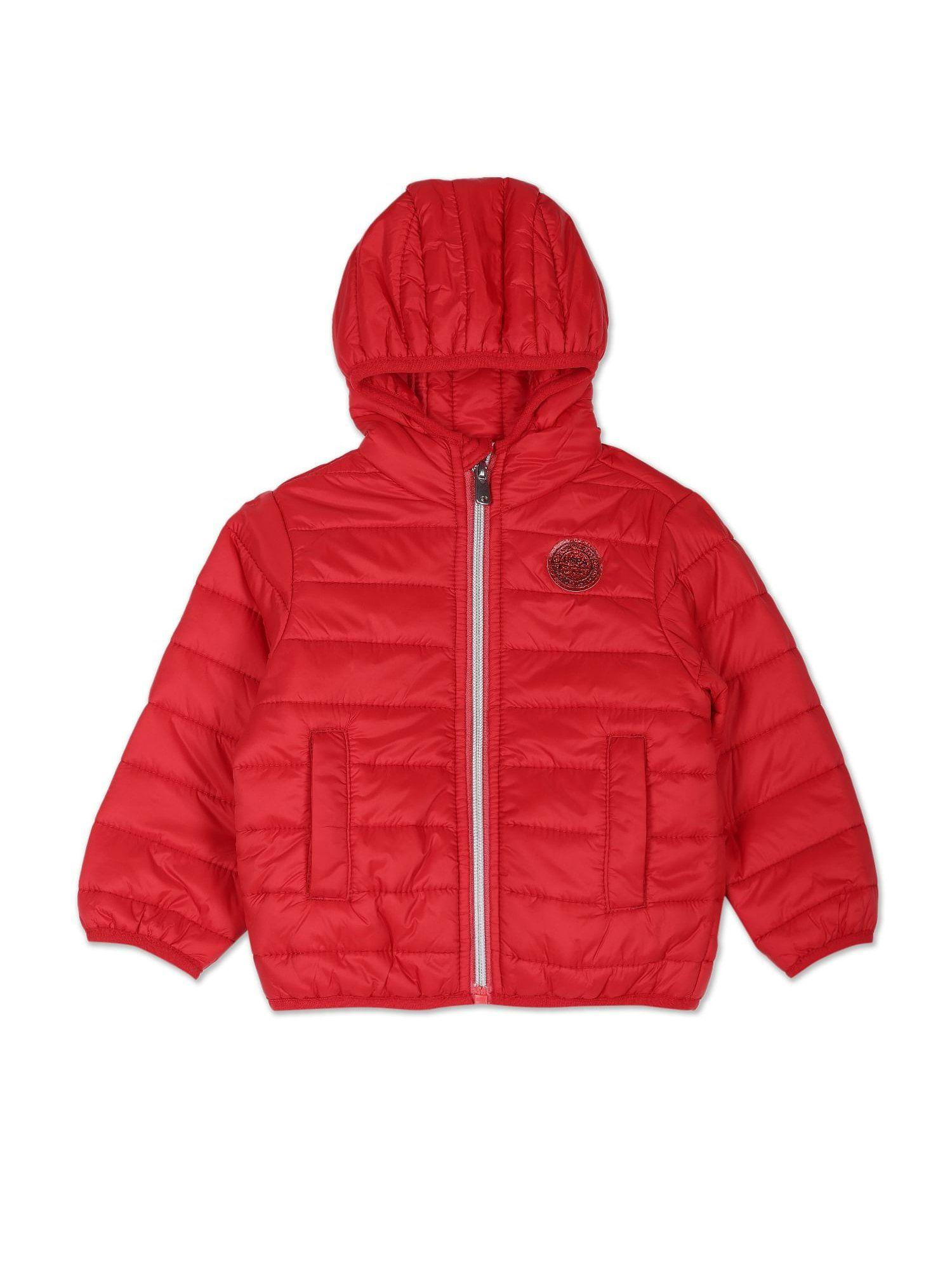 Girls Red Hooded Solid Quilted Jacket