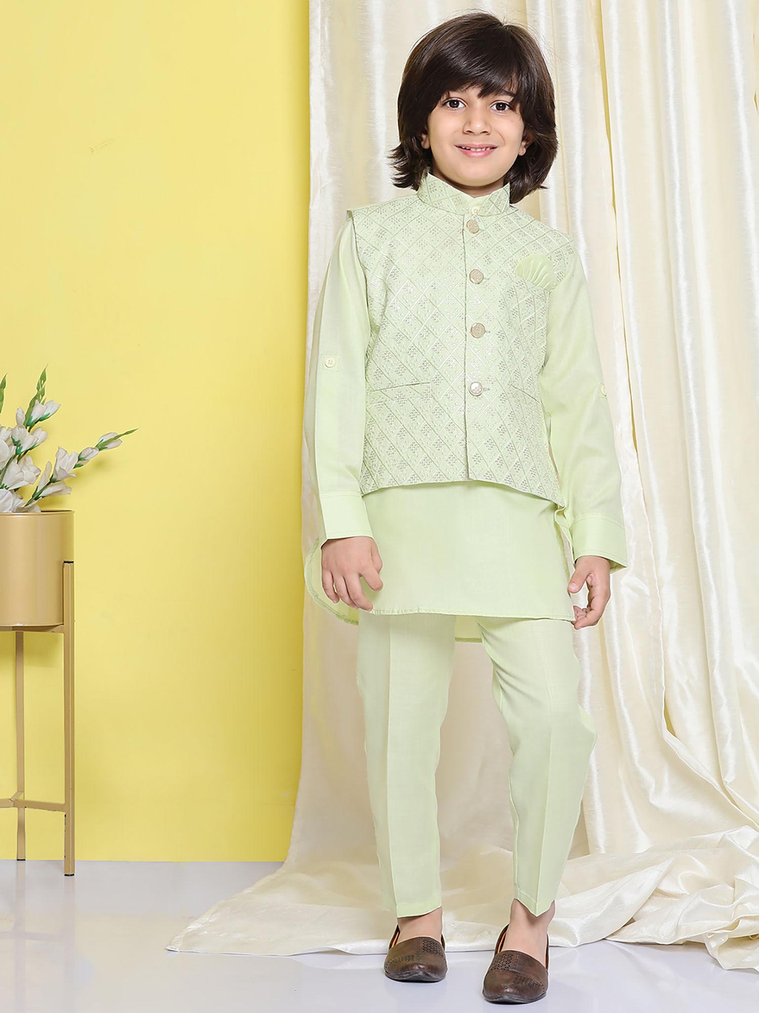 Boys Green Cotton Embroidered Kurta Trouser with Waistcoat (Set of 3)