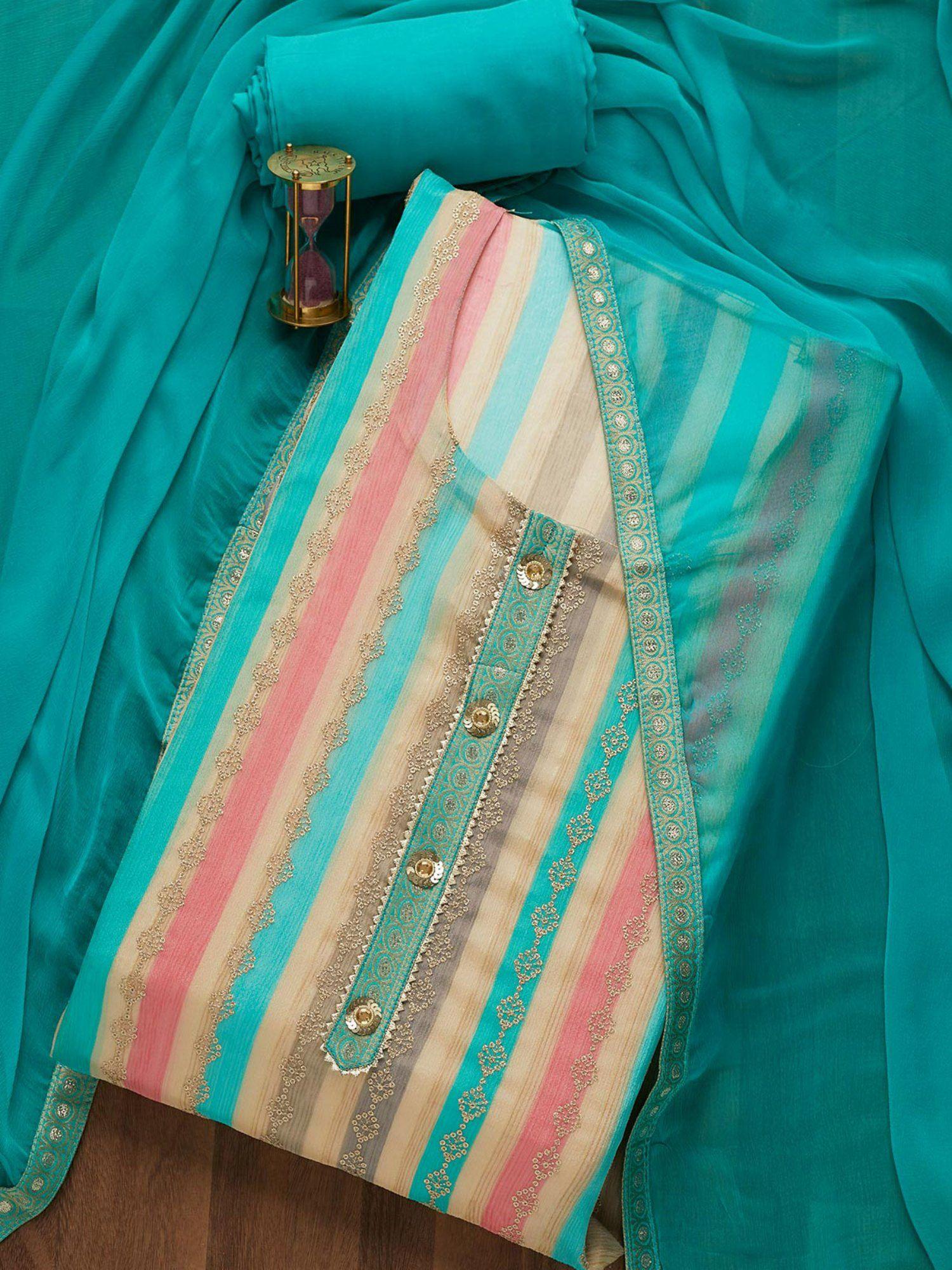 Sea Green Multi Sequins Georgette Semi-Stitched Salwar Suit (Set of 3)