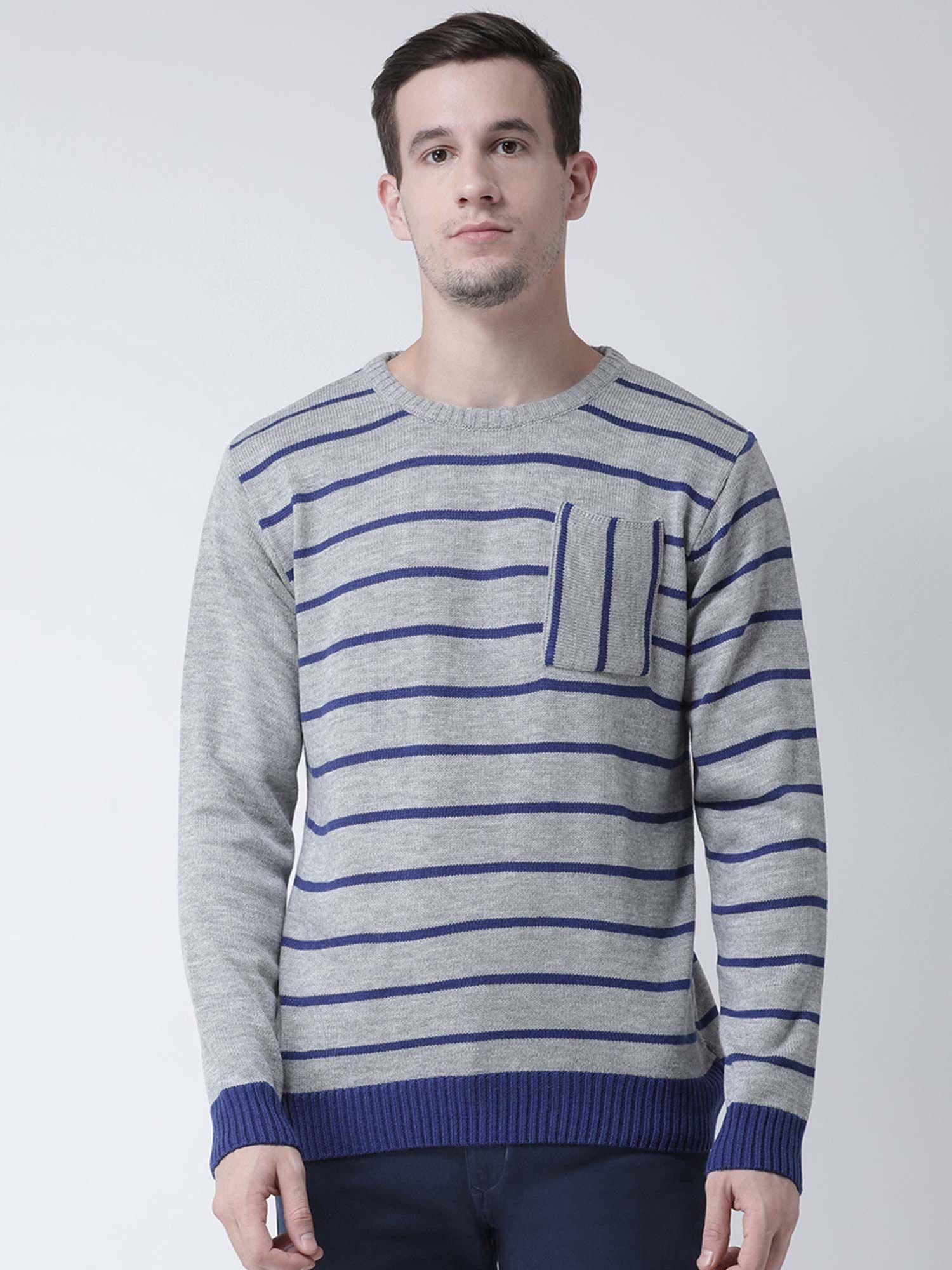 Men Grey Blue Striped Pullover Sweater