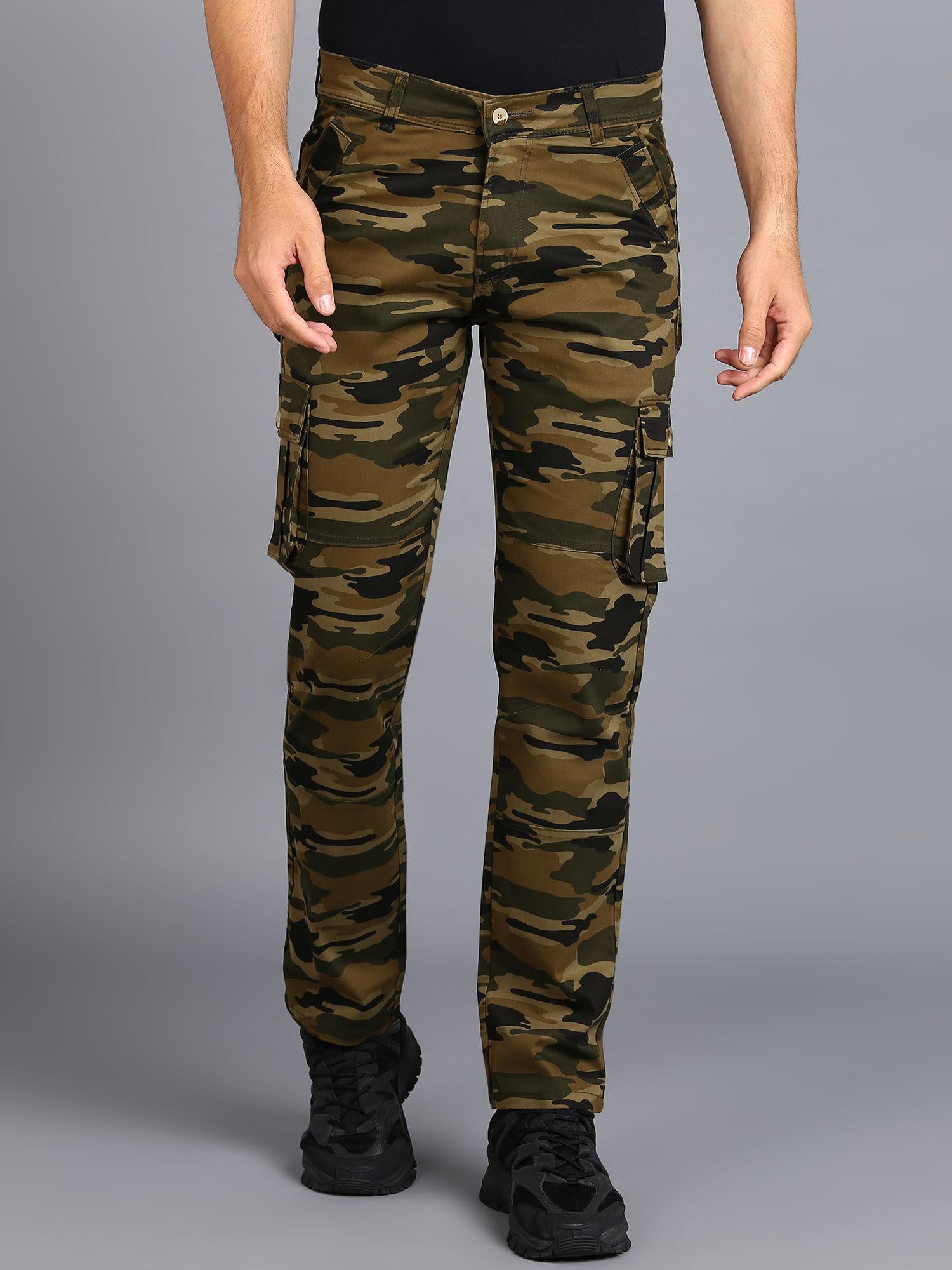Mens Green Regular Fit Military Camouflage Cargo Chino Pant