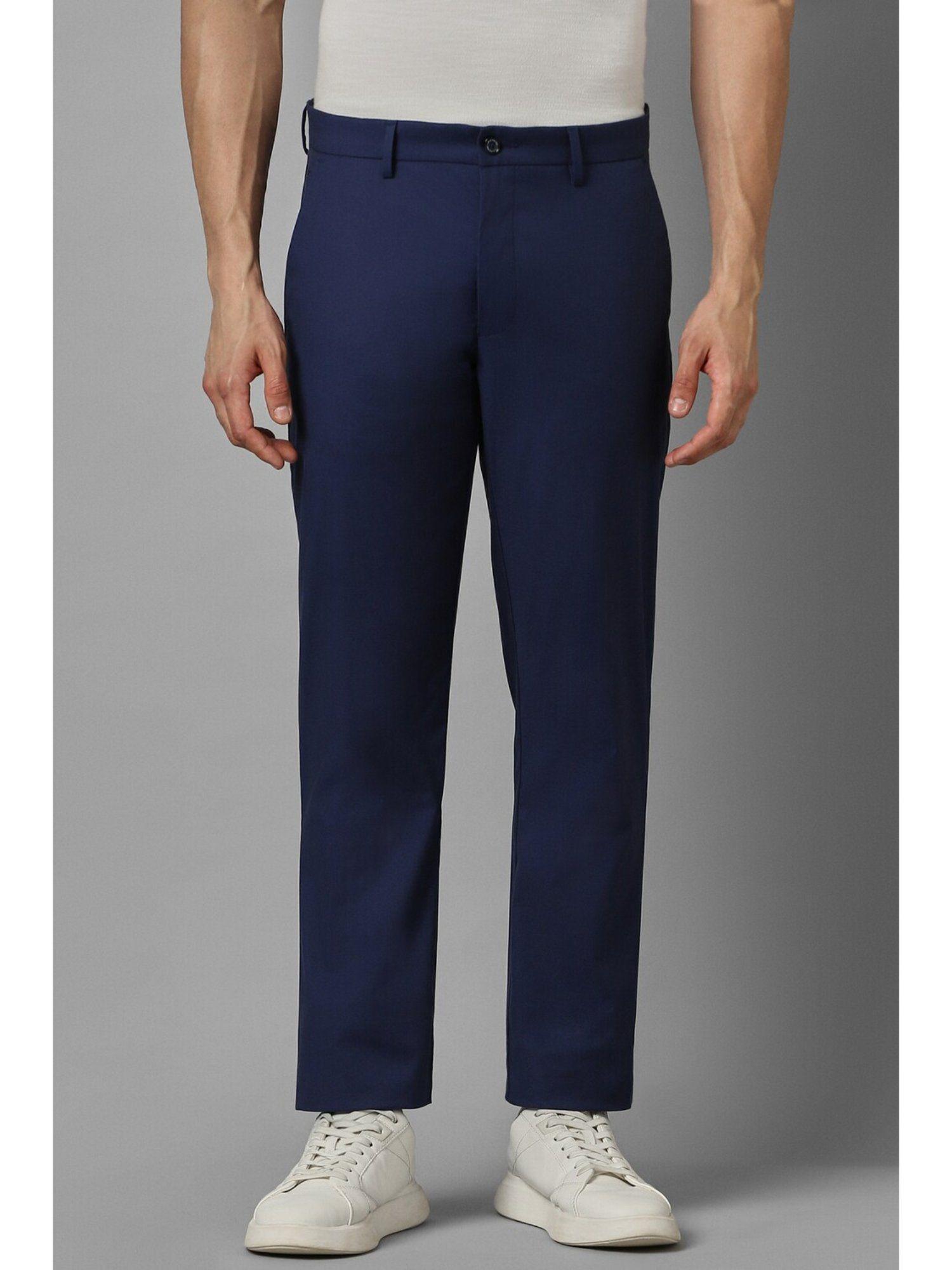 Men Navy Regular Fit Solid Flat Front Casual Trousers