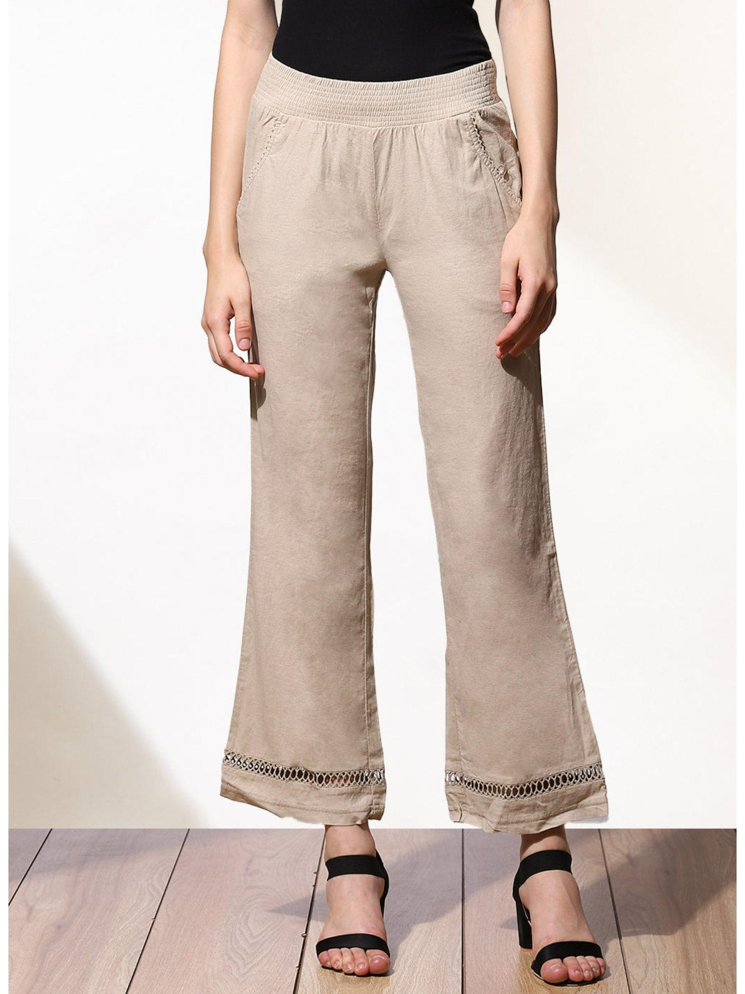 Elasticated Beige Trousers With Bell Hem