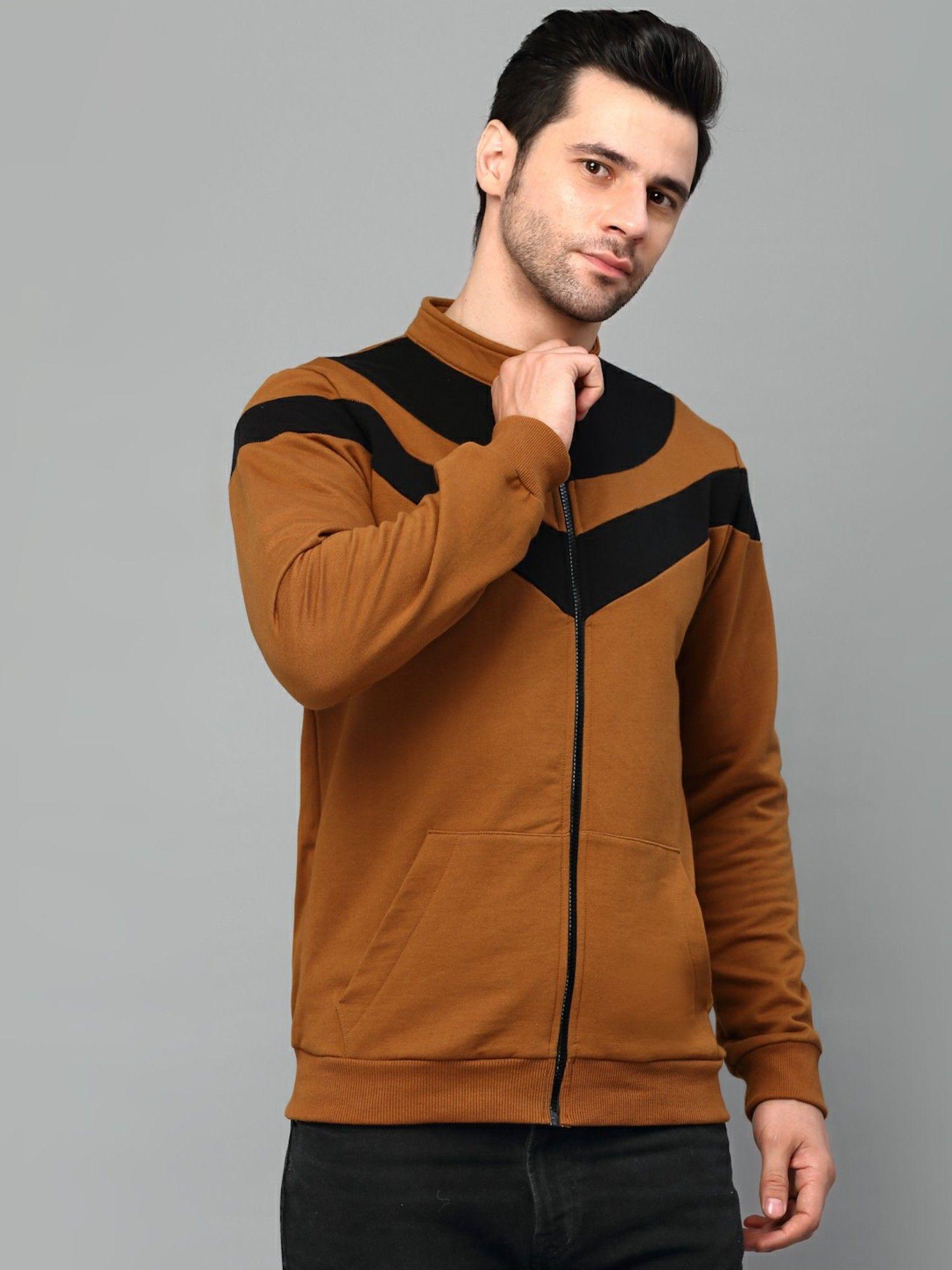 men-camel-brown-color-blocked-high-neck-fleece-jacket