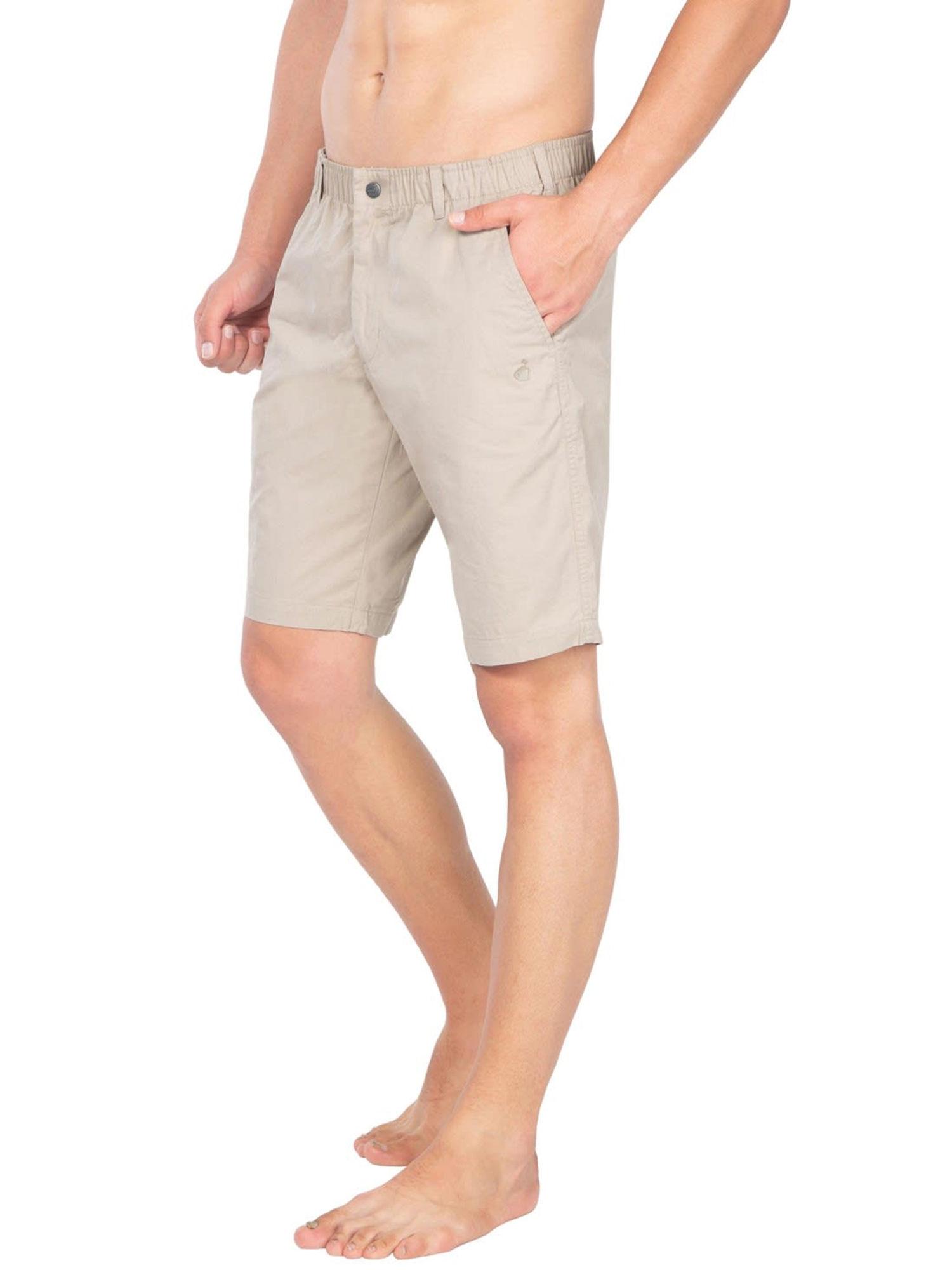 1203 Men Mercerised Cotton Woven Fabric Straight Fit Shorts with Side Pockets - Khaki