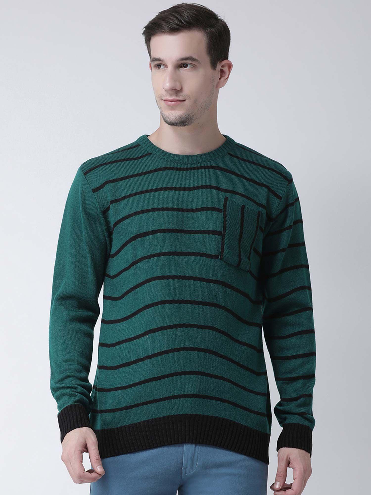 Men Teal Striped Pullover Sweater