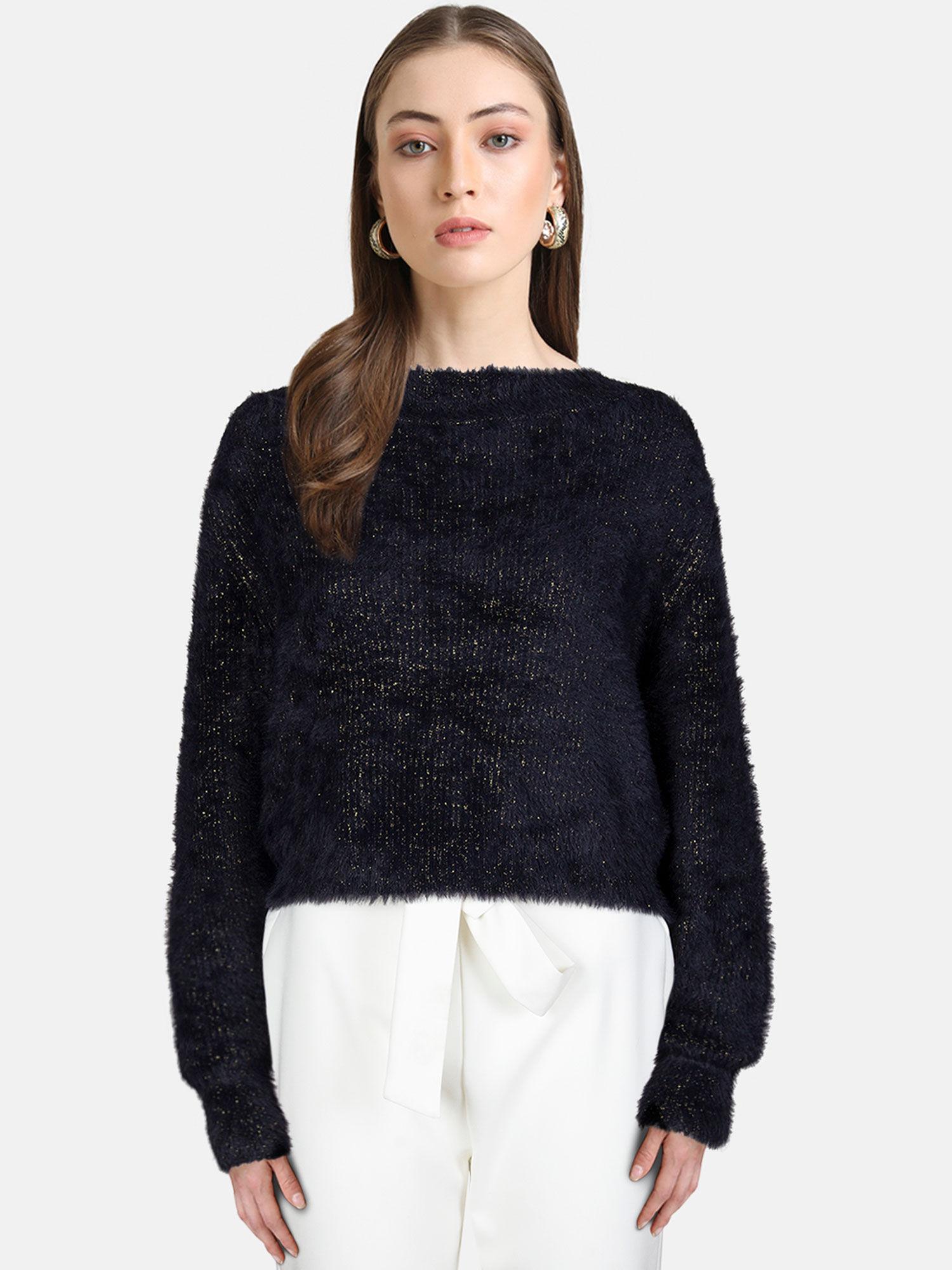 Black Solid Off Shoulder Lurex Knit Pullover