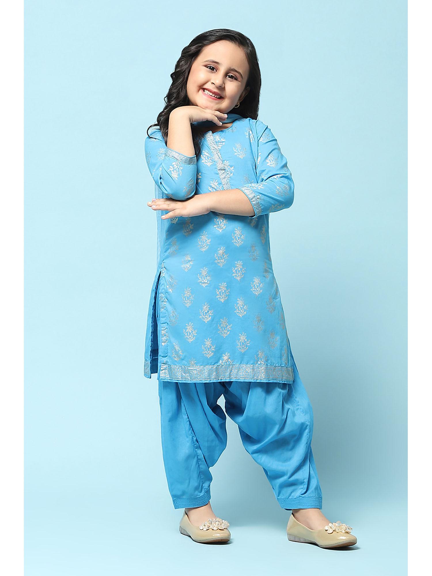 Blue Cotton Straight Printed Salwar Suit (Set of 3)
