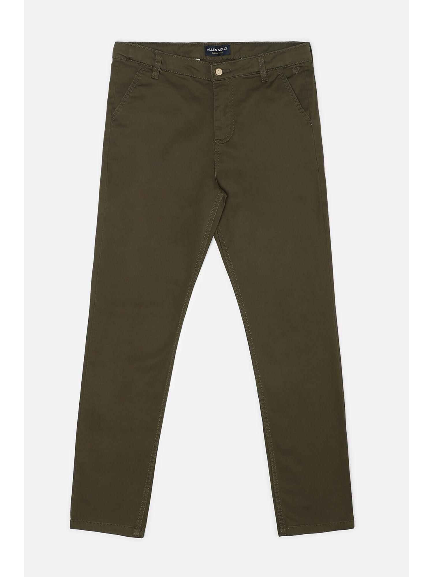 Boys Olive Cotton Solid Trousers