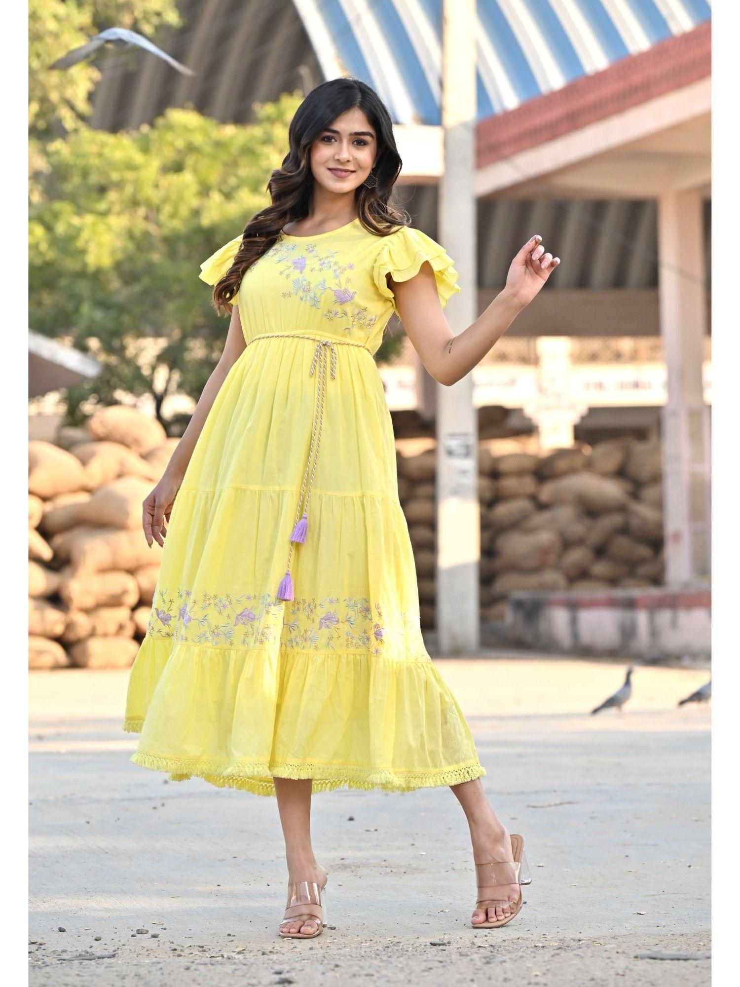 Soft Yellow Flared Dress with Braided Belt (Set of 2)