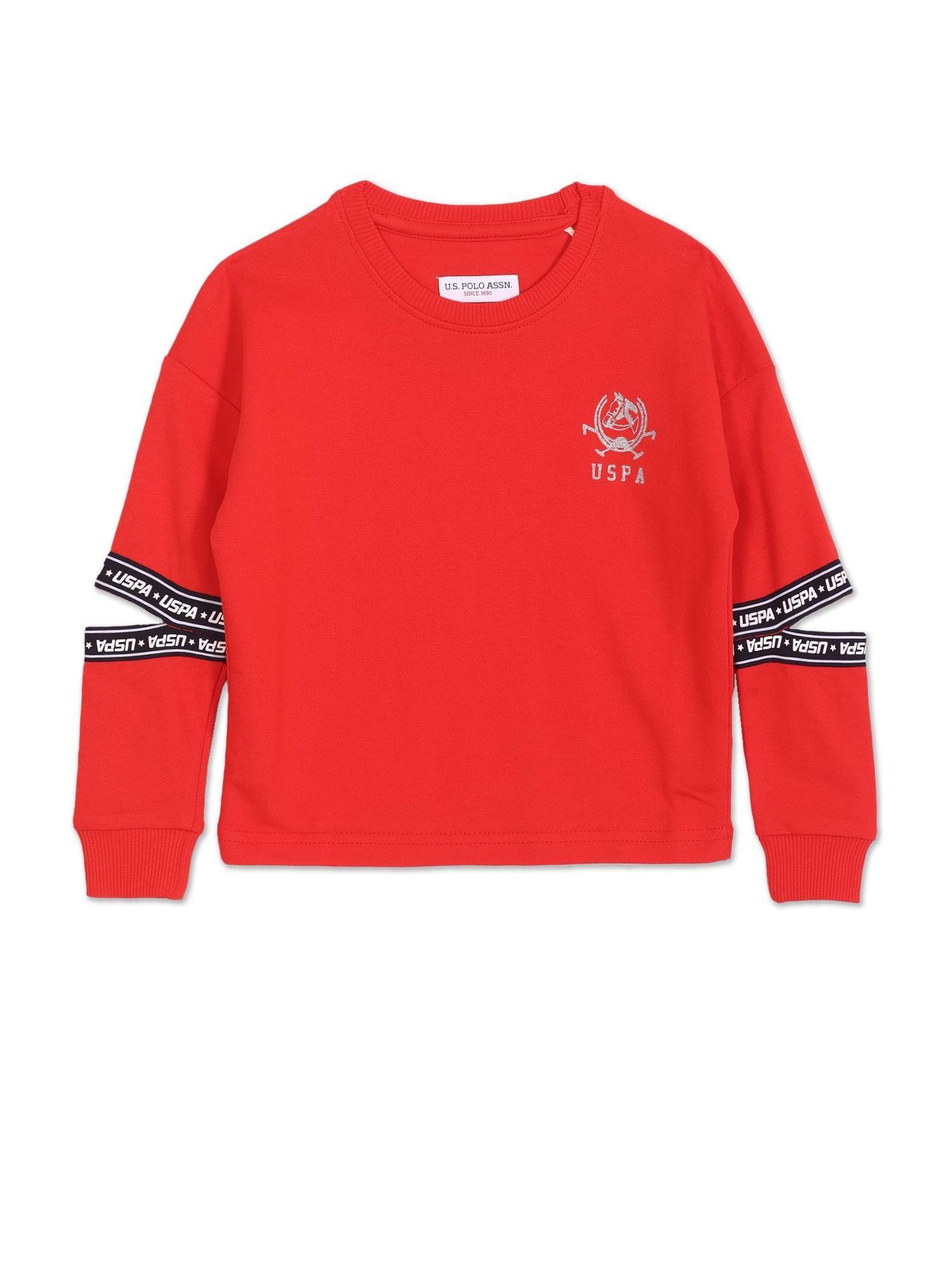 Girls Red Crew Neck Solid Cotton Sweatshirt