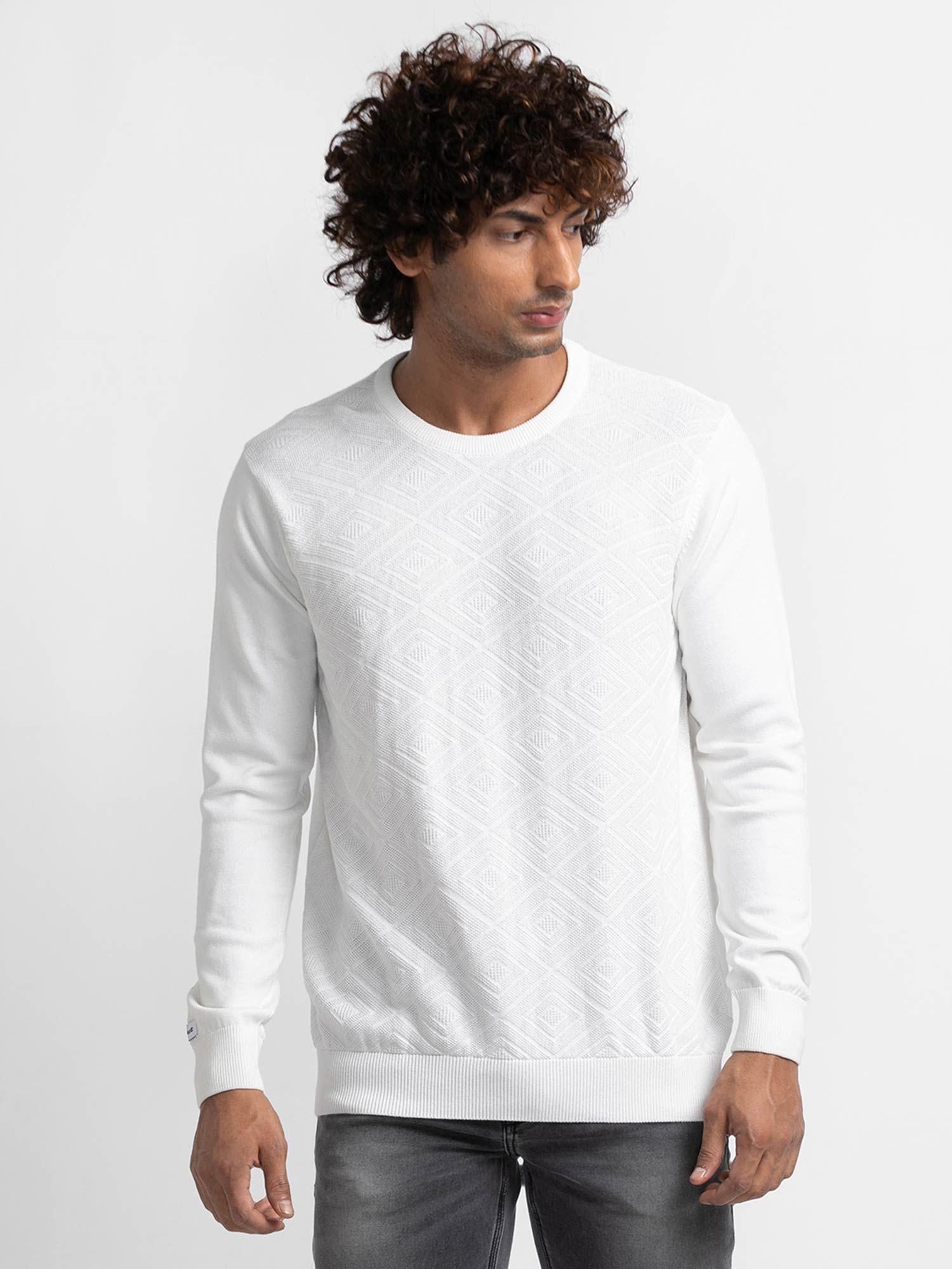 Ecru Cotton Full Sleeve Casual Sweater for Men