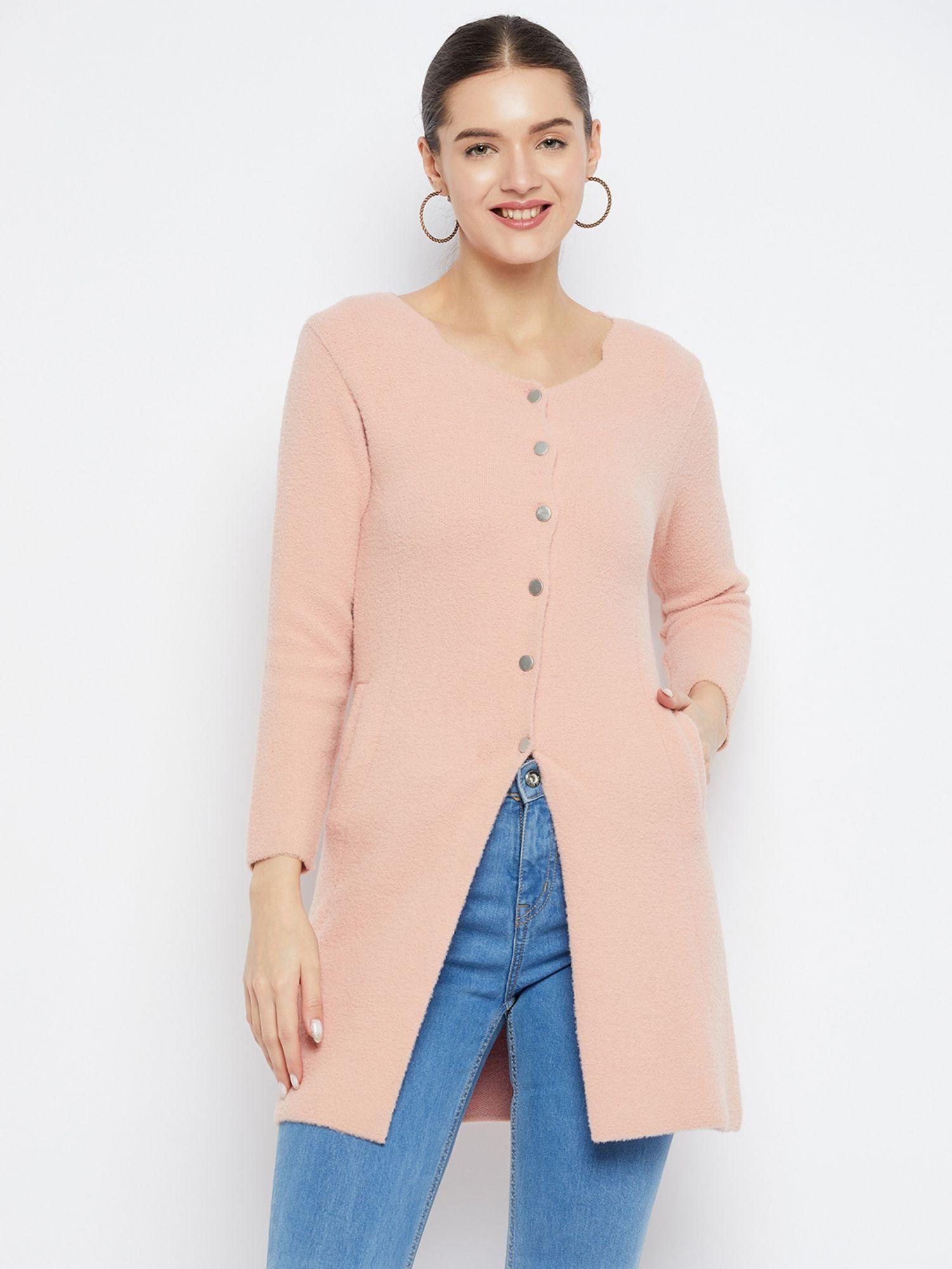 Women Winterwear Solid Peach Long Line Woollen Cardigan