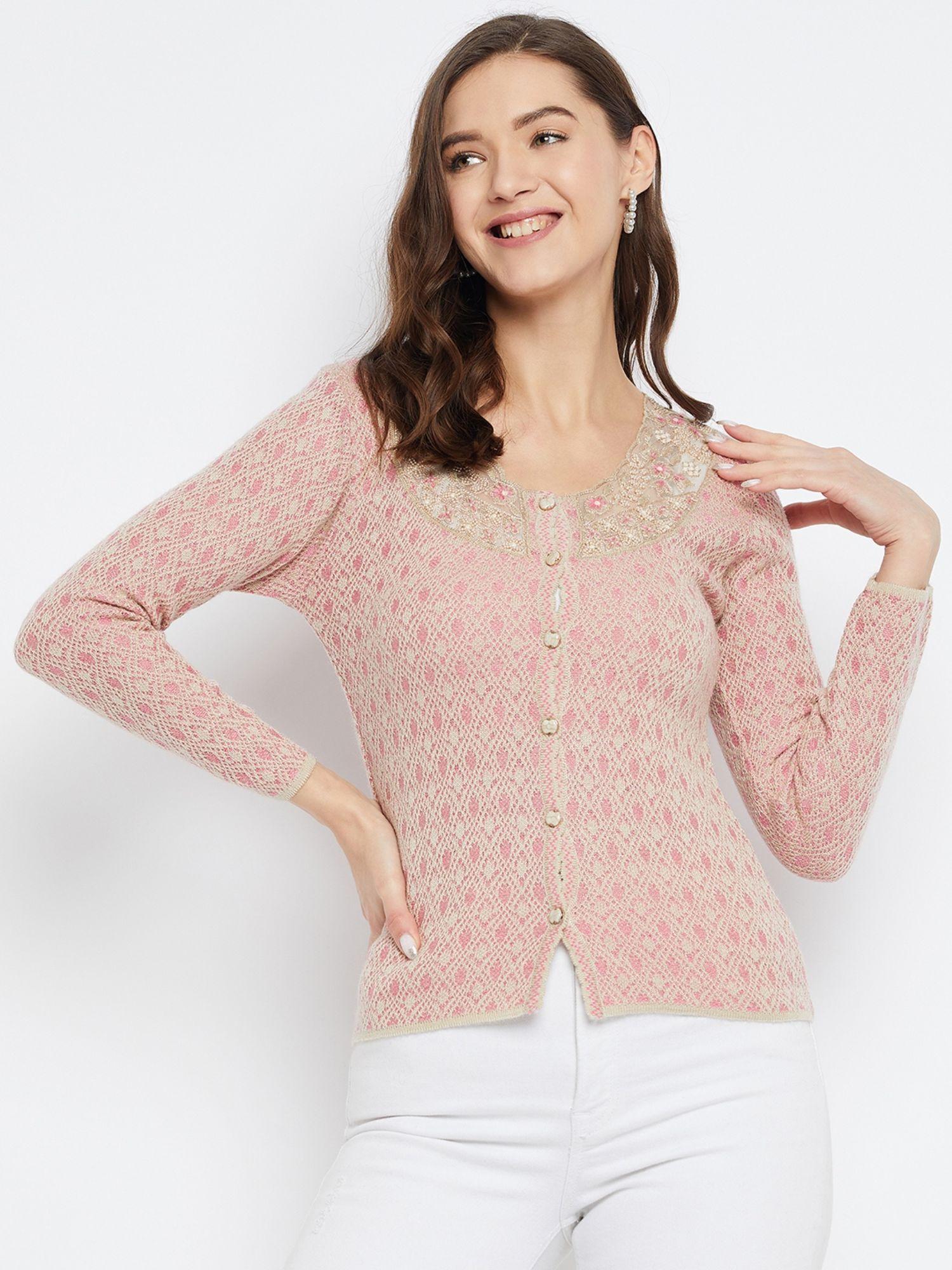 Women Winterwear Self Design Pink Woollen Cardigan