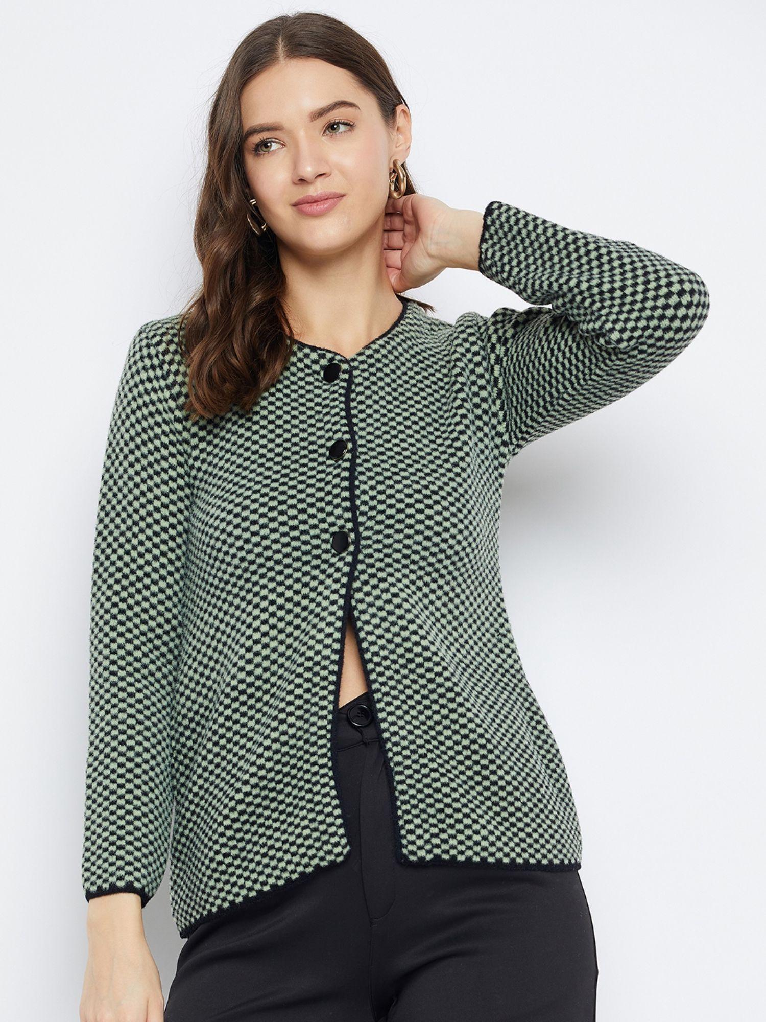 Women Winterwear Check B Green Woollen Cardigan