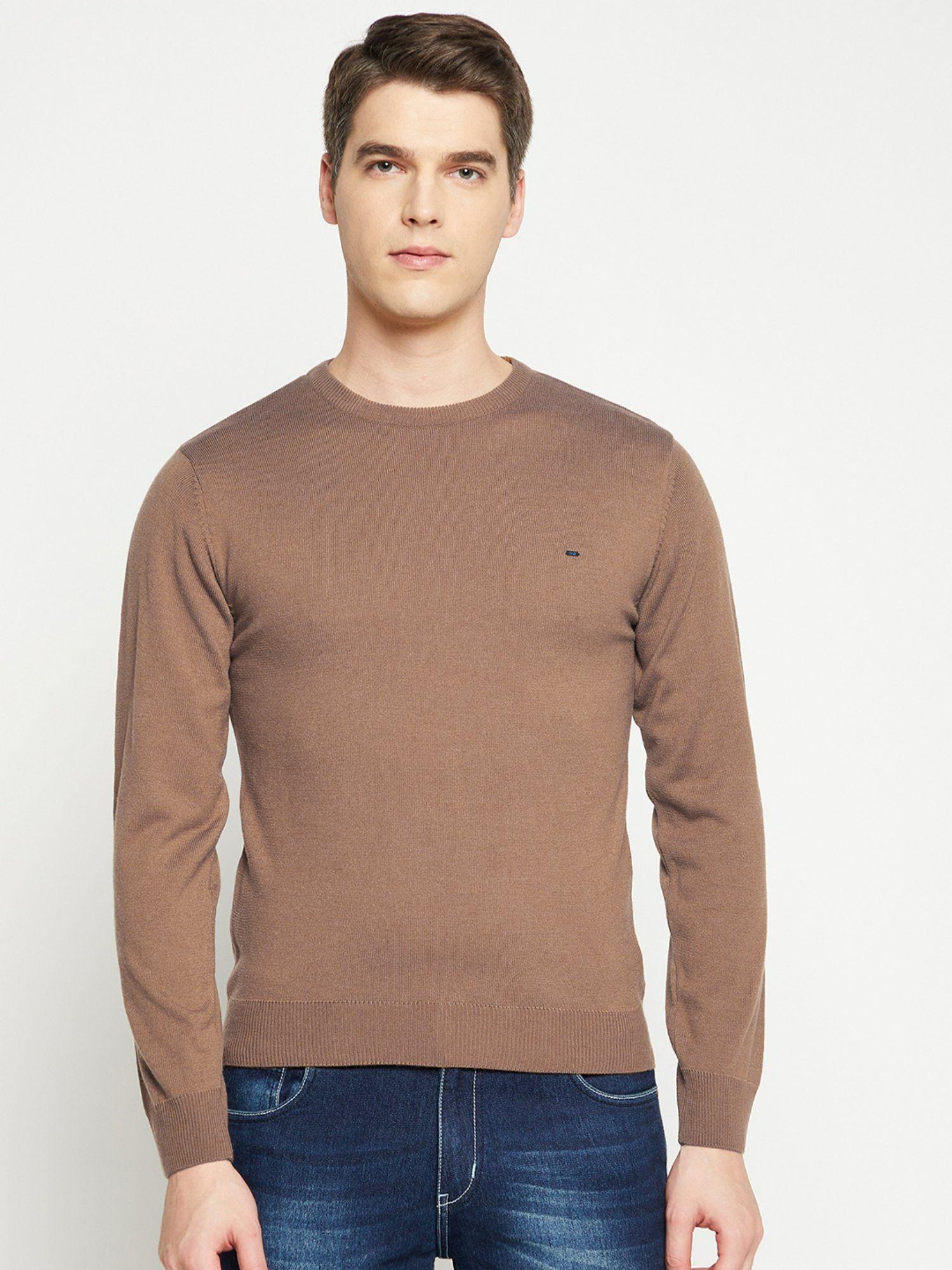 Men Camel Brown Solid Acrylic Round Neck Sweater