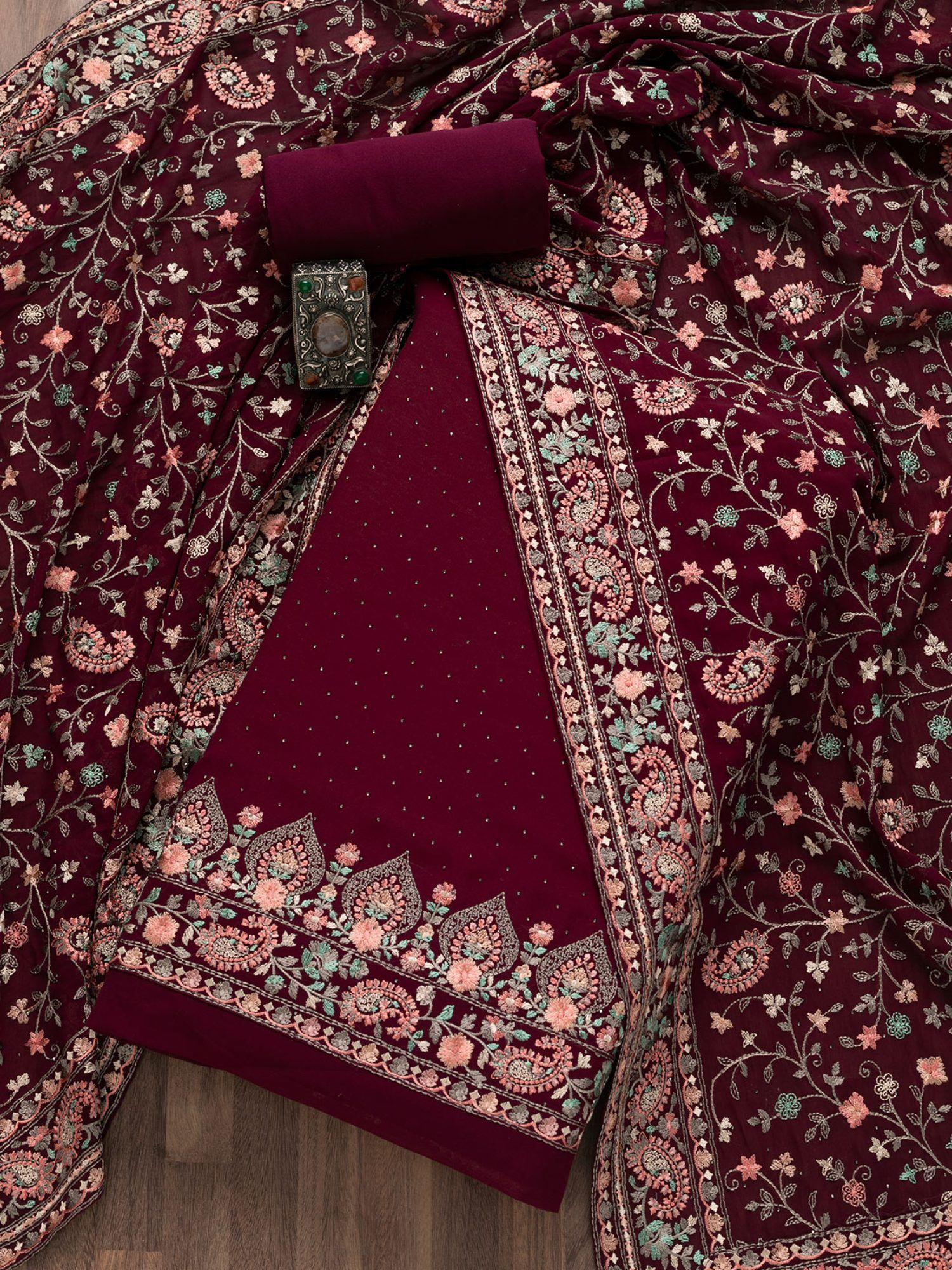 Wine Threadwork Georgette Unstitched Salwar Suit