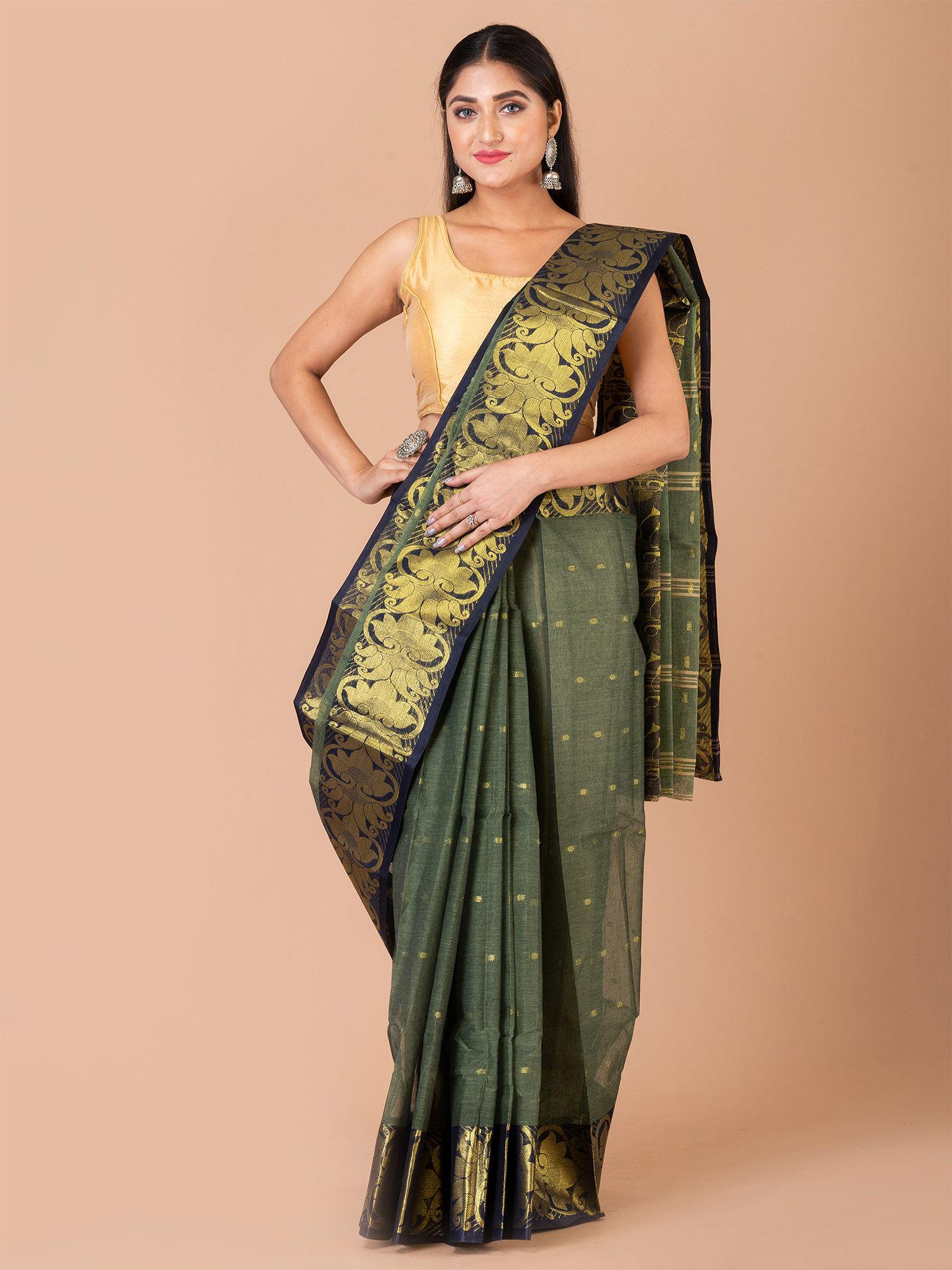 Green And Navy Blue Cotton Tant Saree