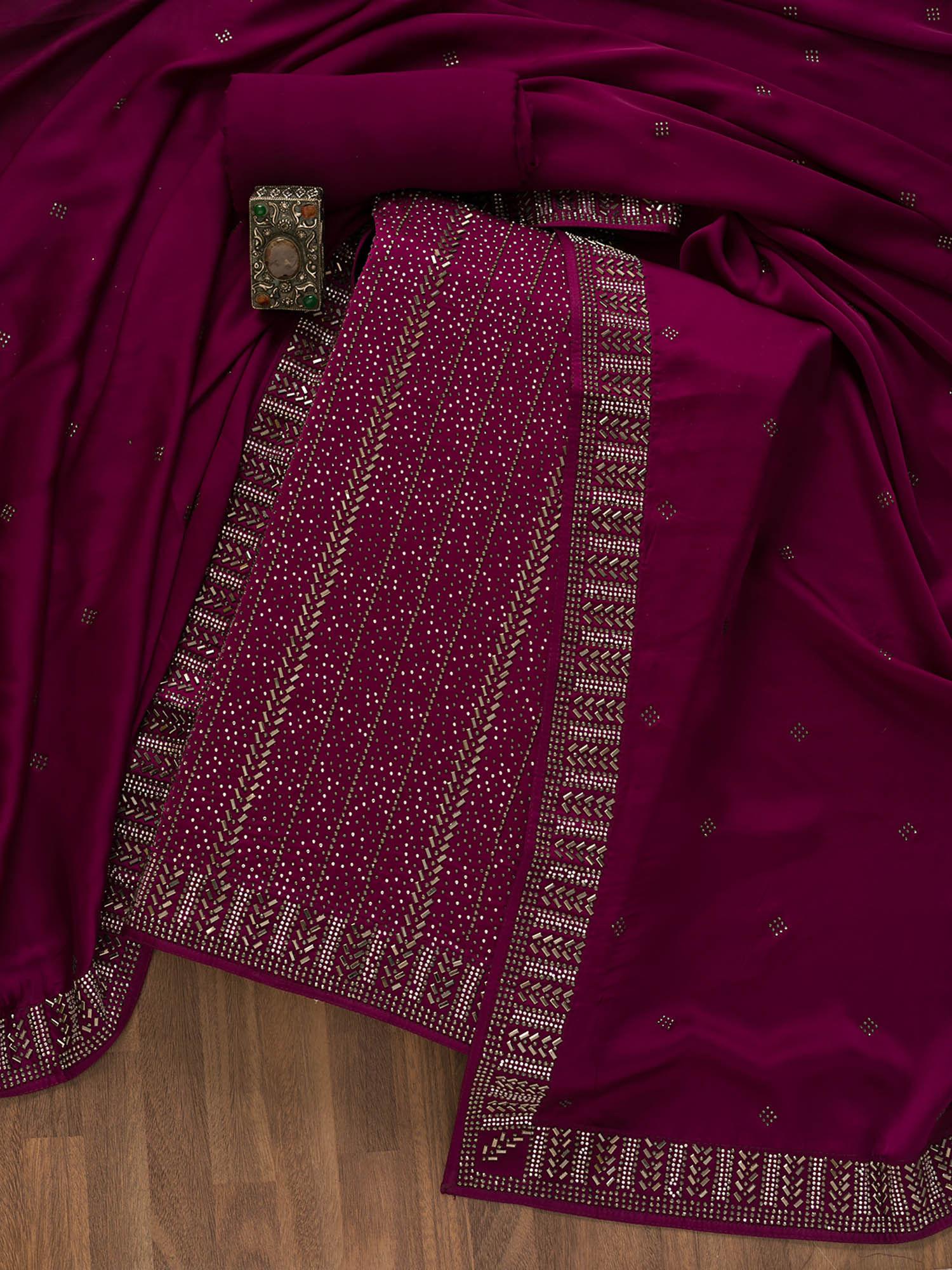 Purple Wine Swarovski Semi Crepe Unstitched Salwar Suit (Set of 3)
