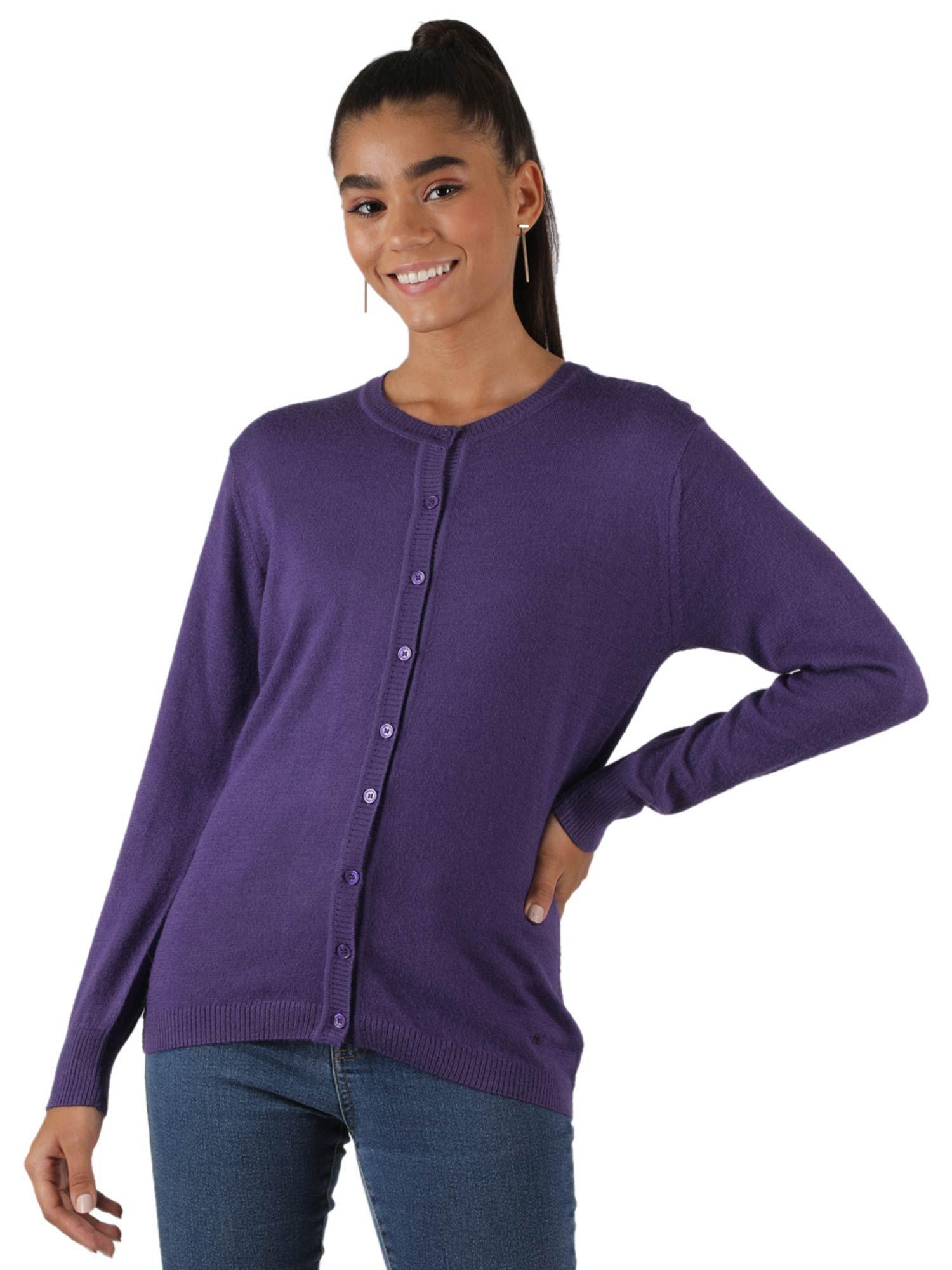 Womens Modal Nylon Purple Solid Round Neck Cardigan