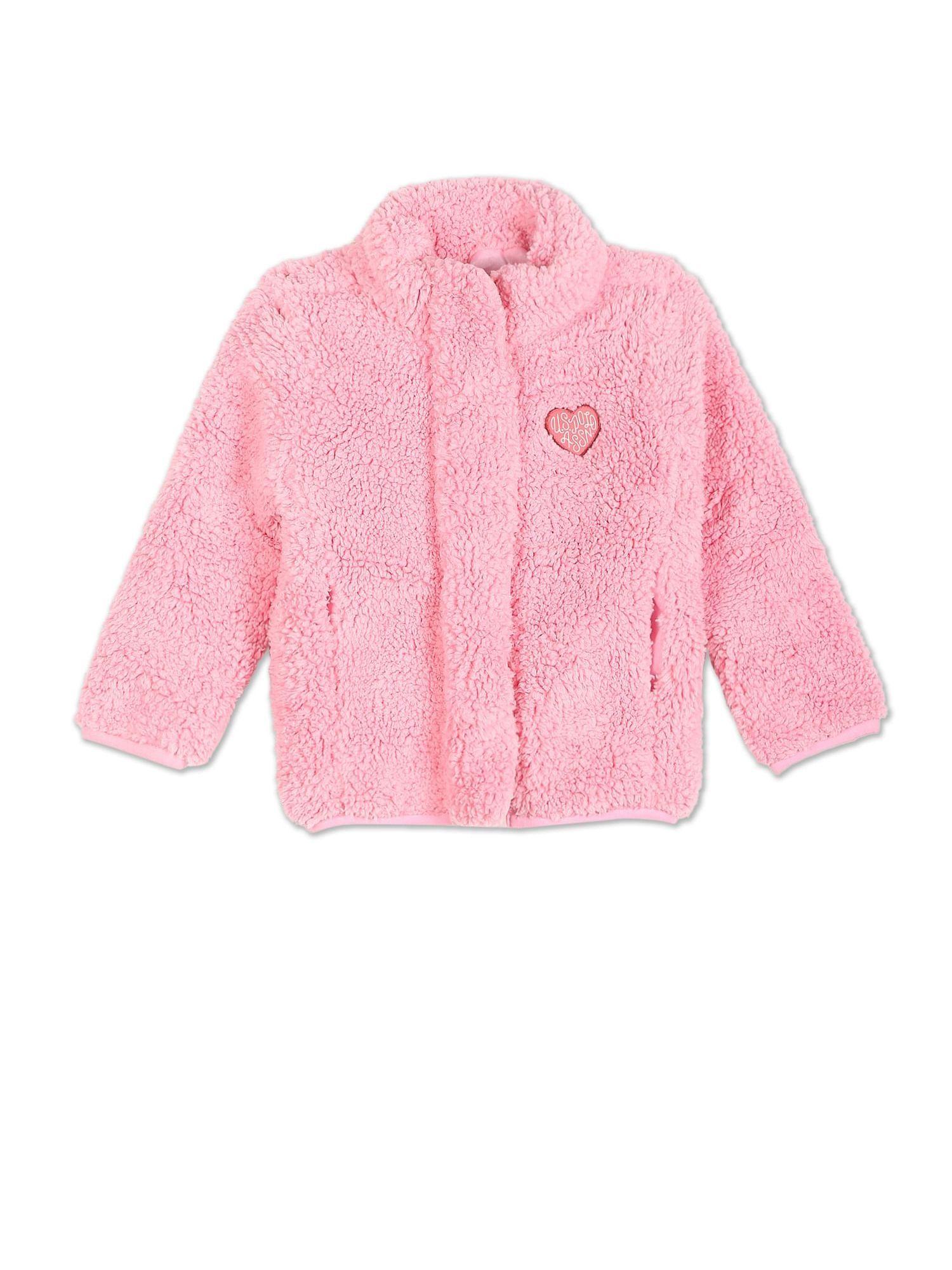 Girls Bubblegum Pink Self Design Sherpa Jacket