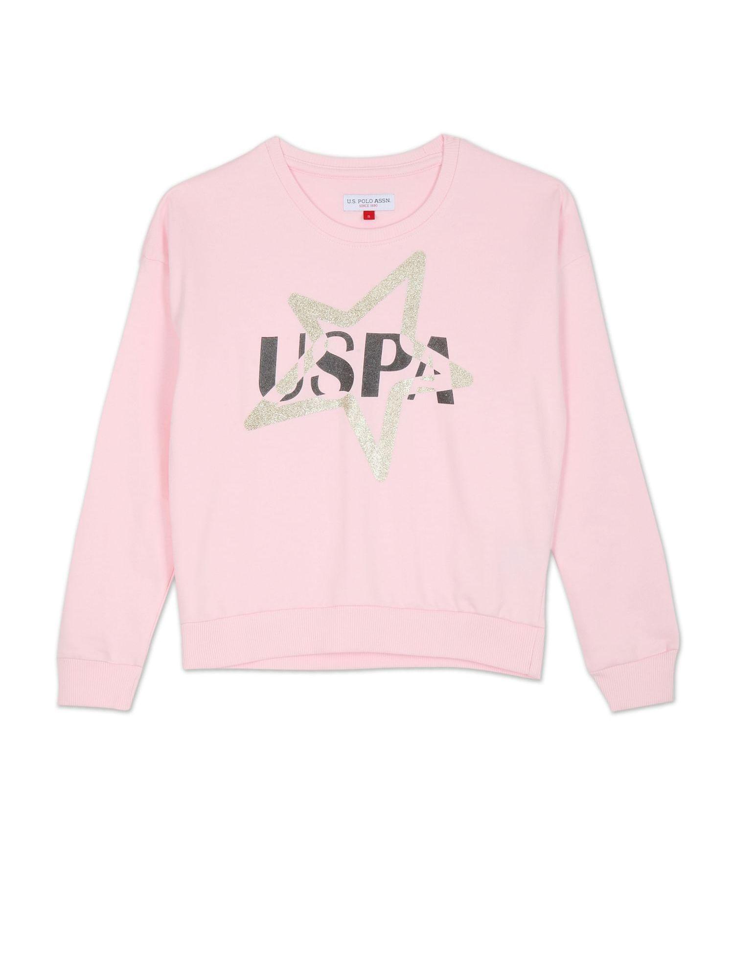 Girls Light Pink Typography Print Cotton Sweatshirt