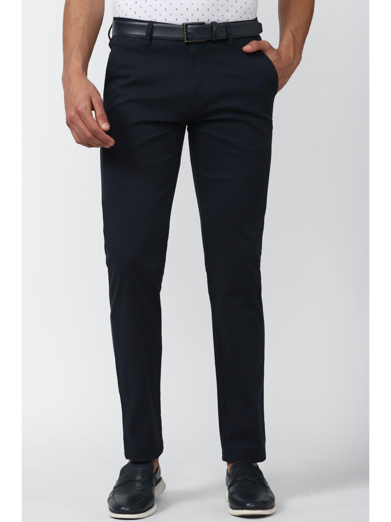 Men Navy Solid Super Slim Fit Casual Trousers