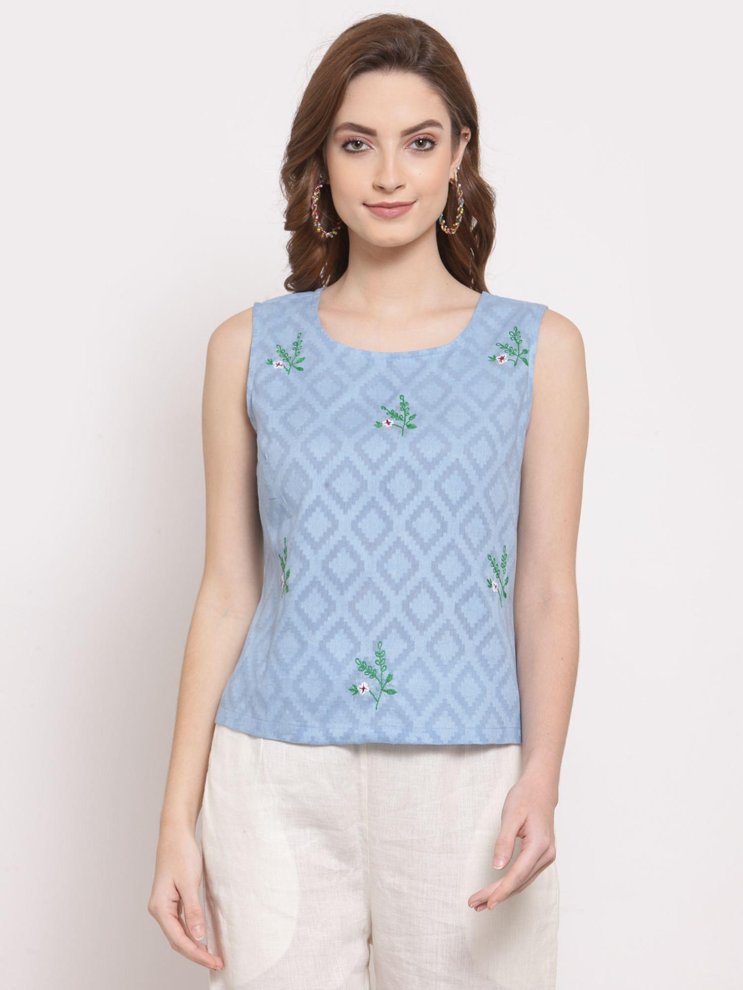 Hand Embroidered Cotton Top -Blue