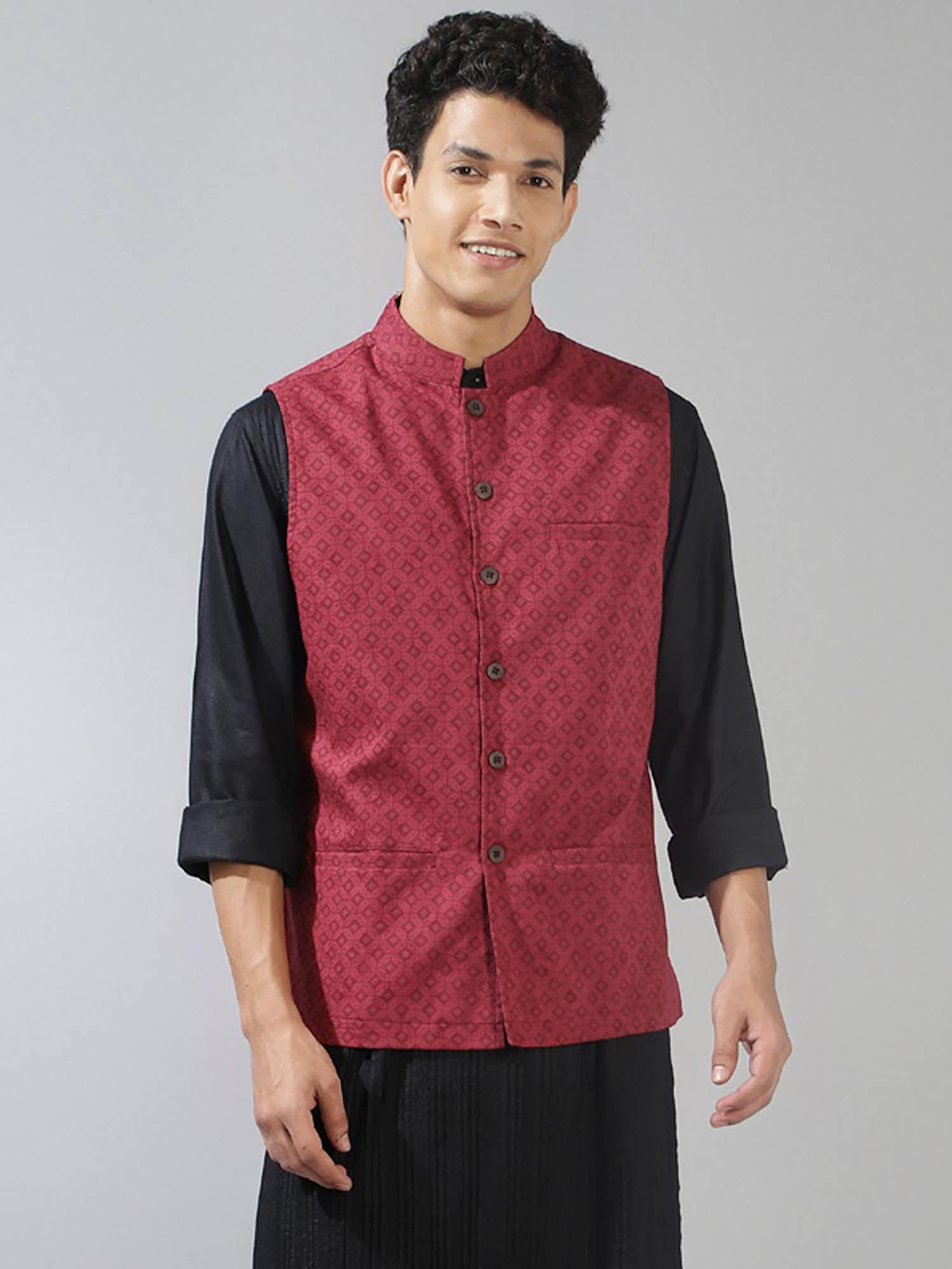 Red Cotton Printed Nehru Jacket