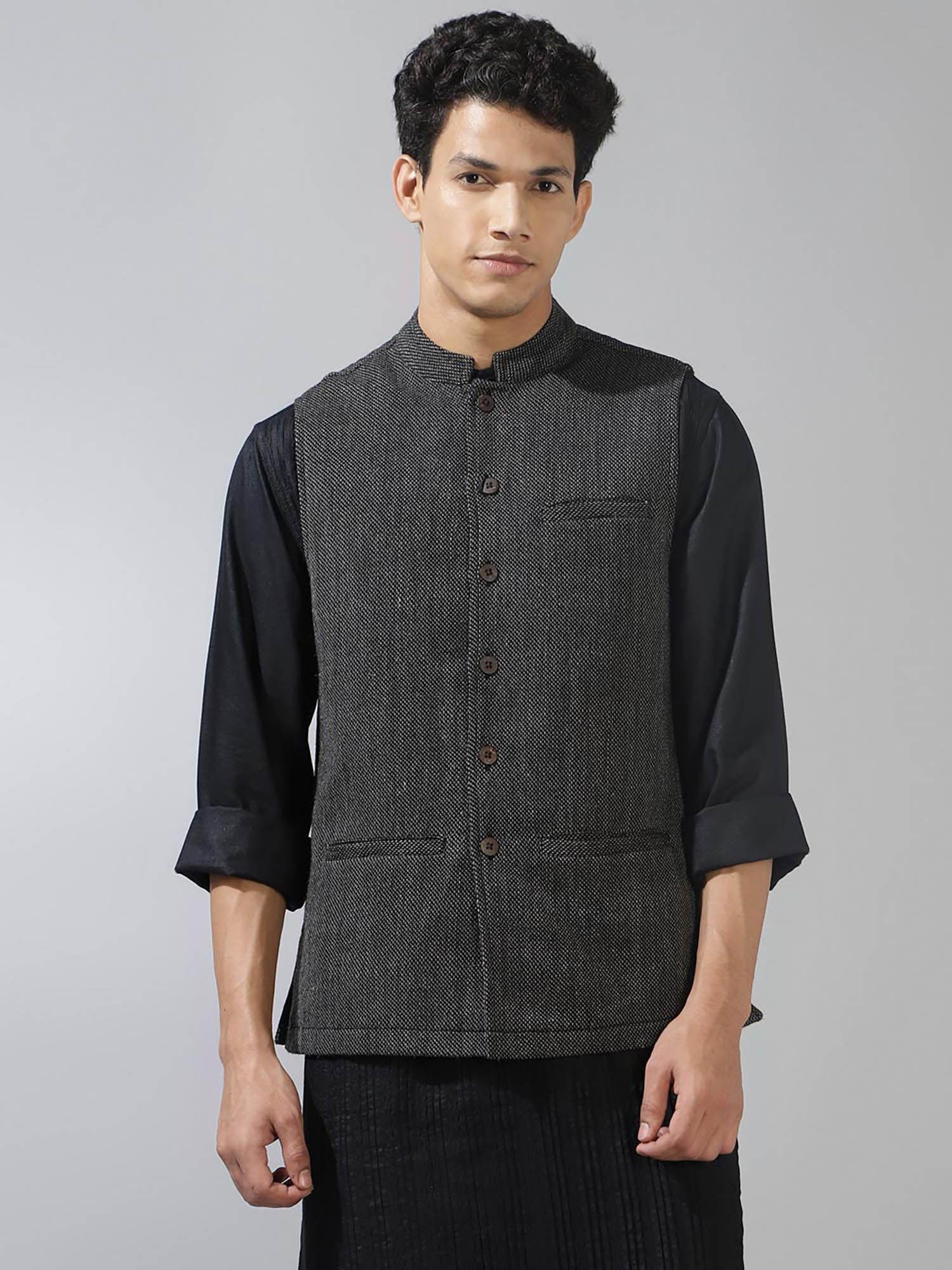 Black Wool Woven Nehru Jacket