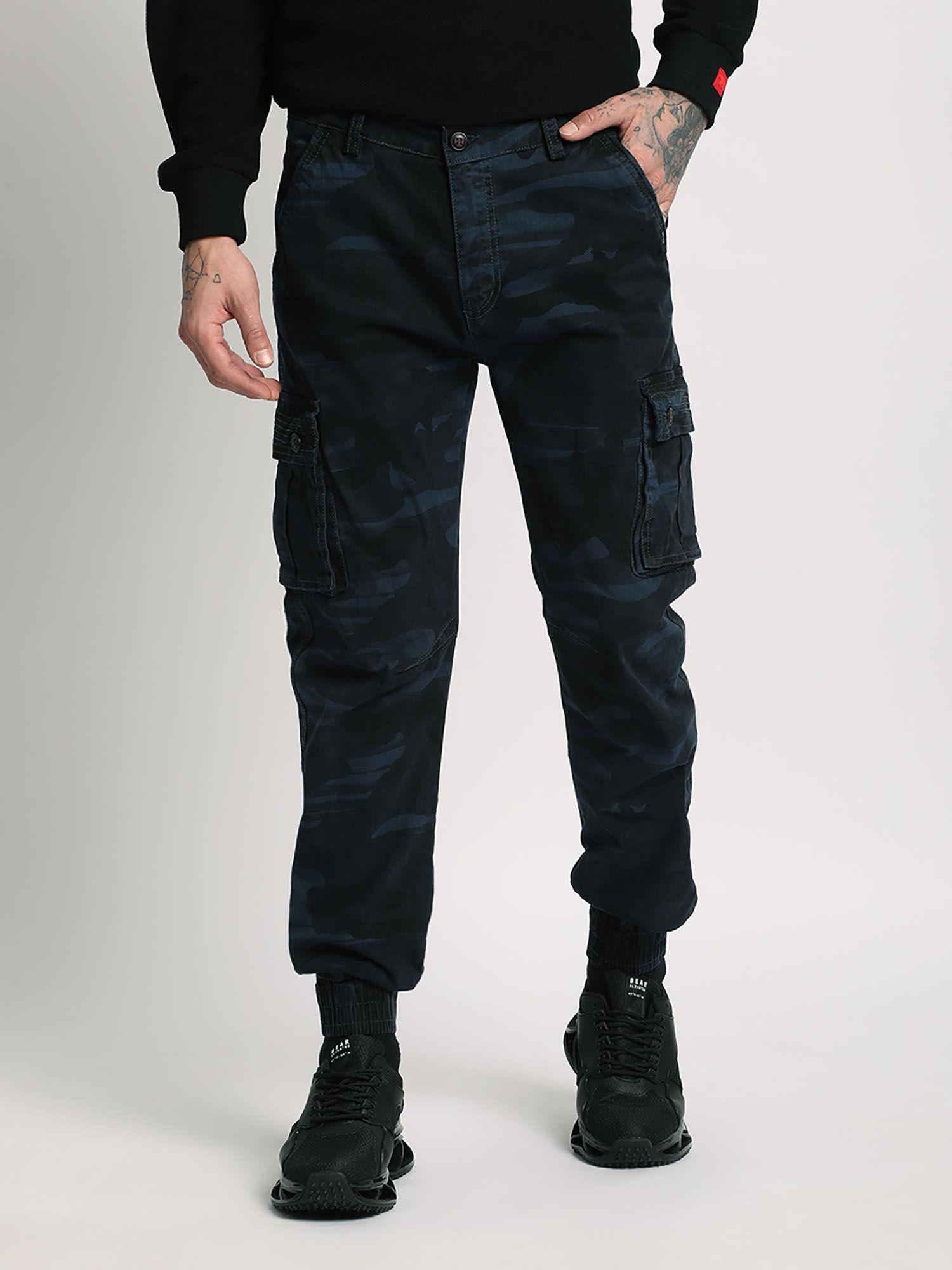 Blue Mid Rise Camouflage Cargo Trouser For Men