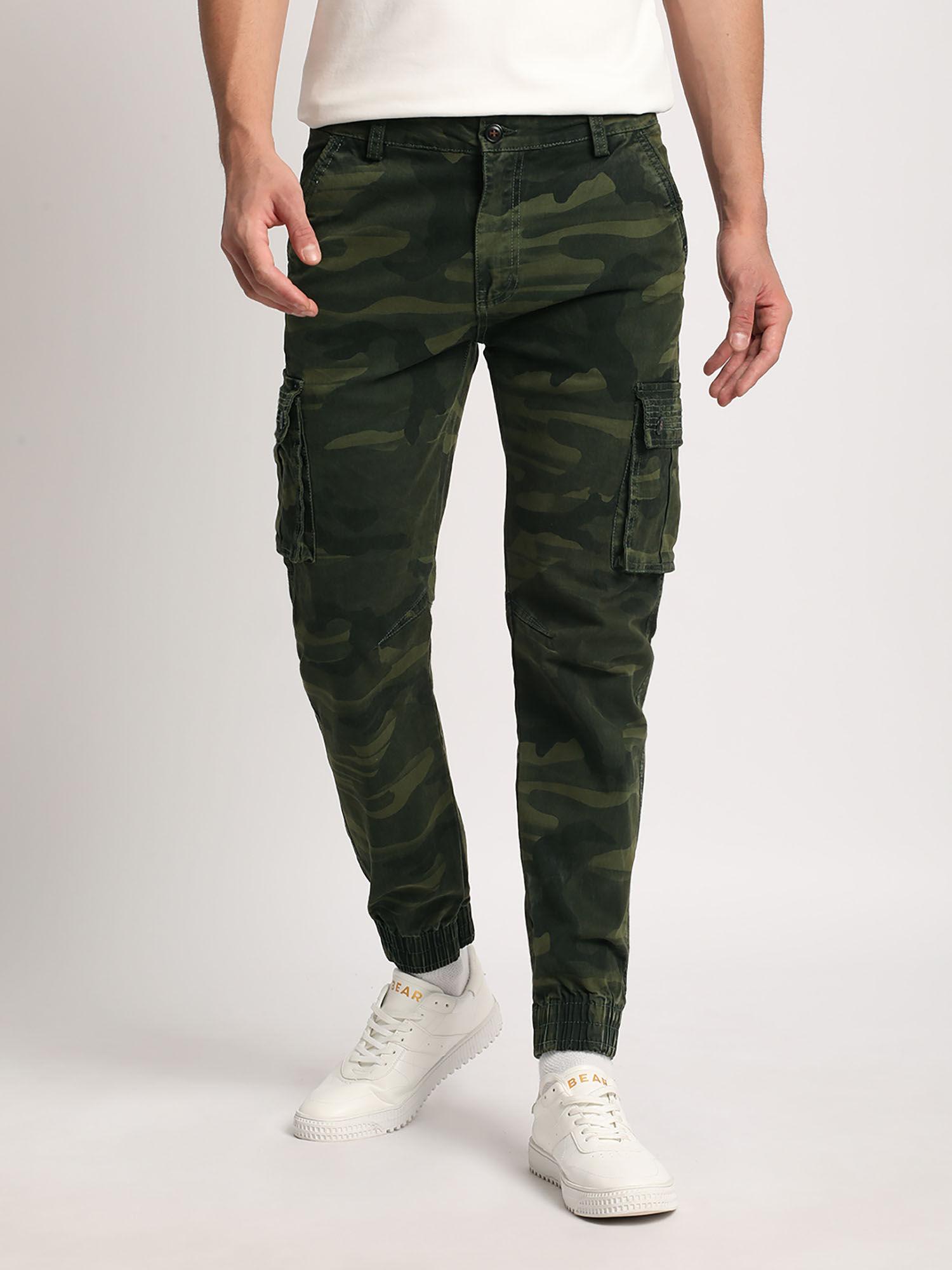 Olive Mid Rise Camouflage Cargo Trouser For Men