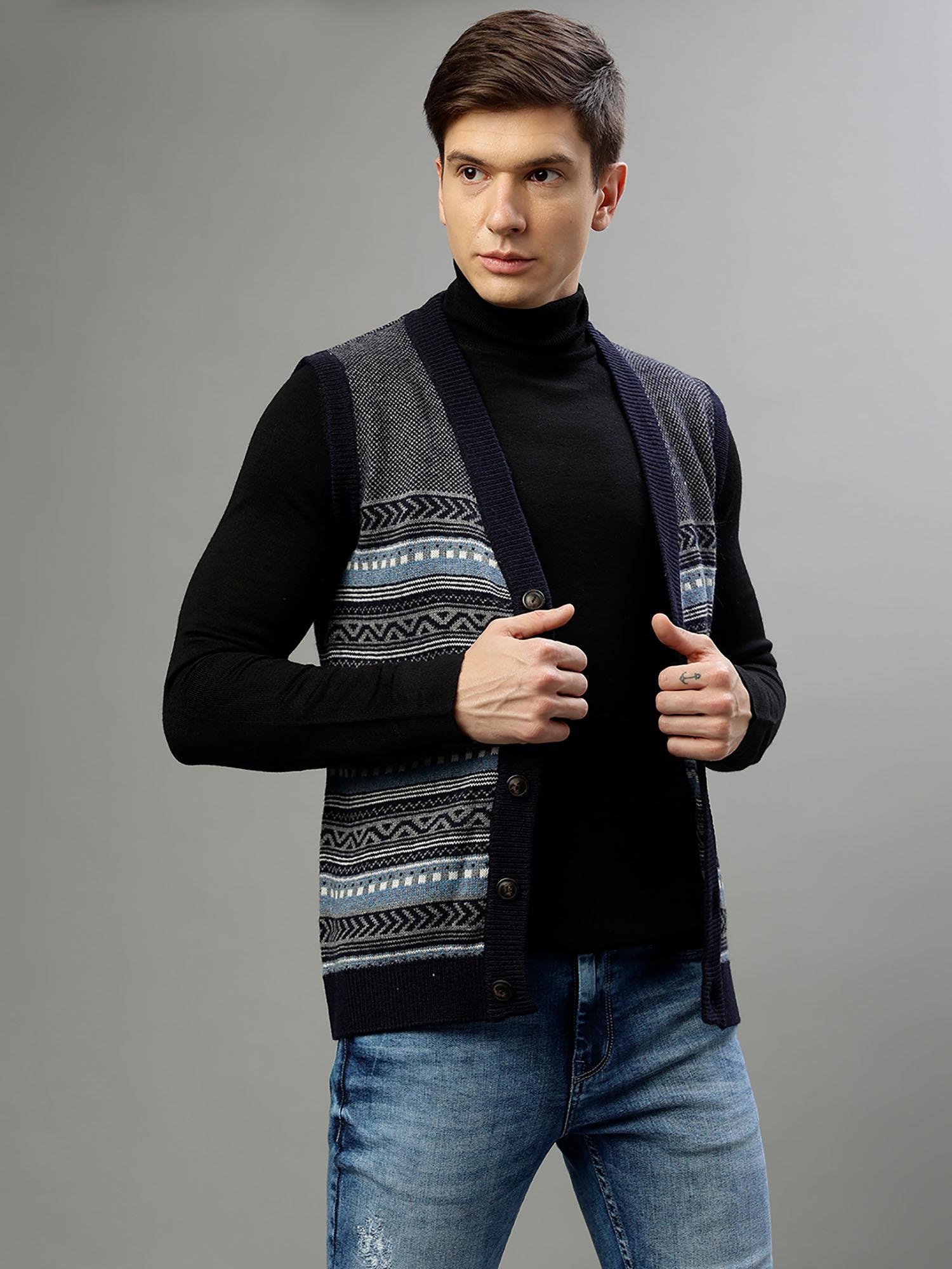 Men Printed V-Neck Sleeveless Sweater