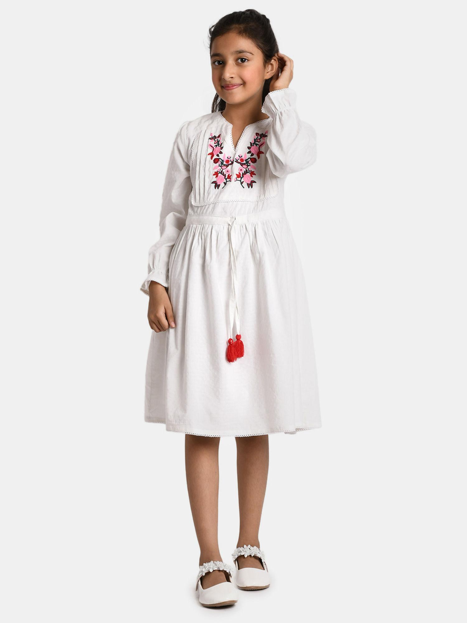 Round Neck Fit & Flair Casual Wear Embroidery Full Sleeve Girls Dress White