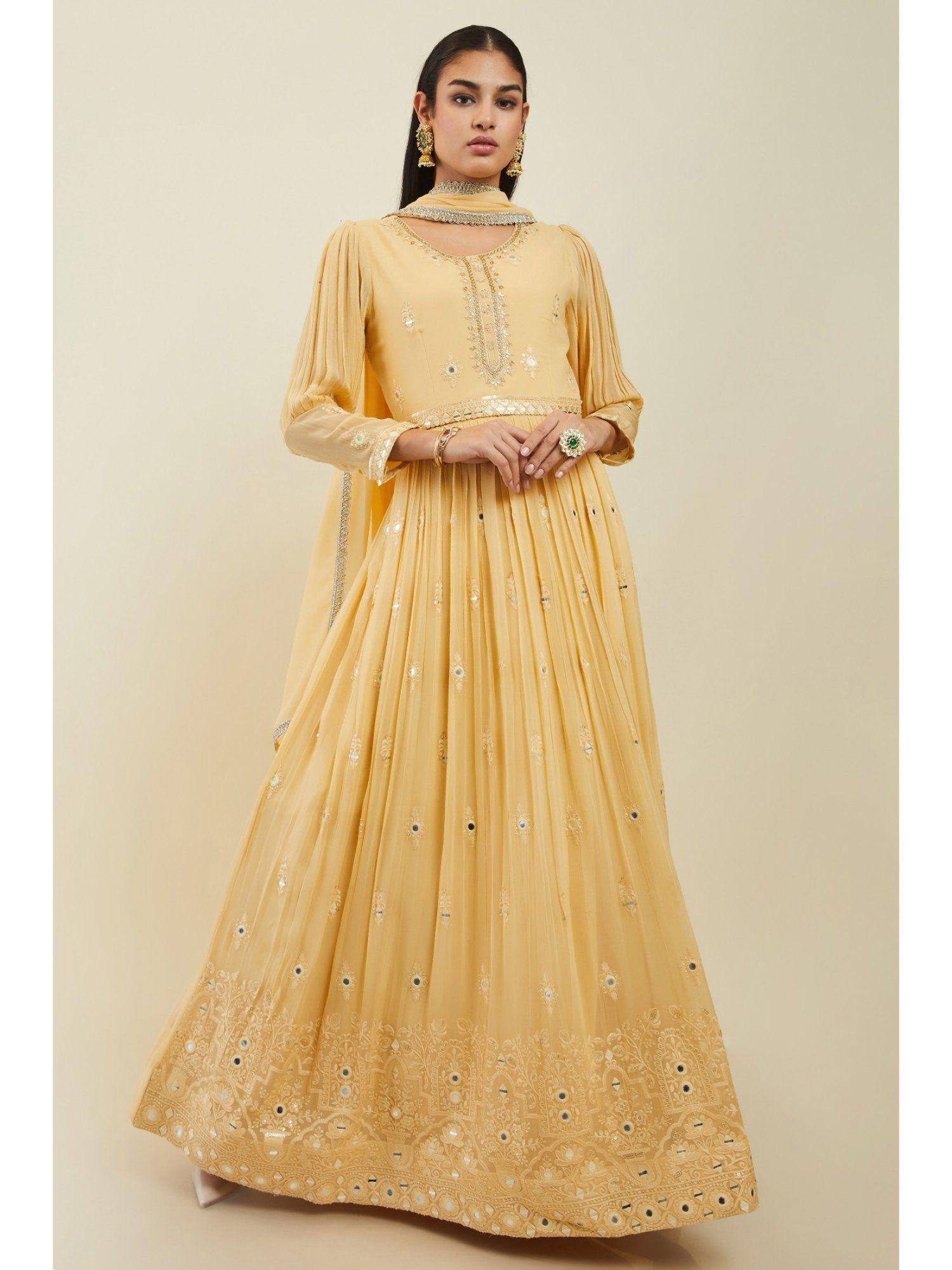 Women Yellow Georgette Embroidered Gown (Set of 3)