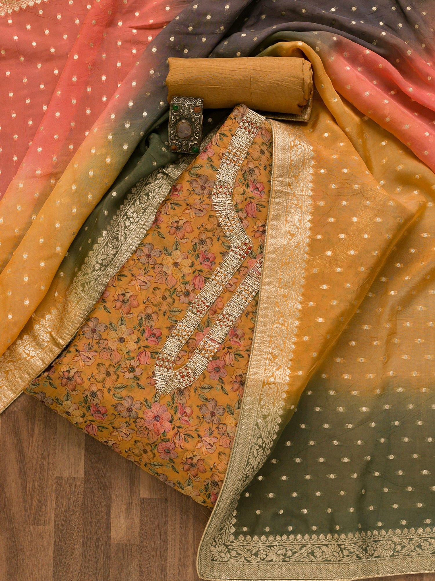 Mustard Printed Organza Unstitched Salwar Suit (Set of 3)