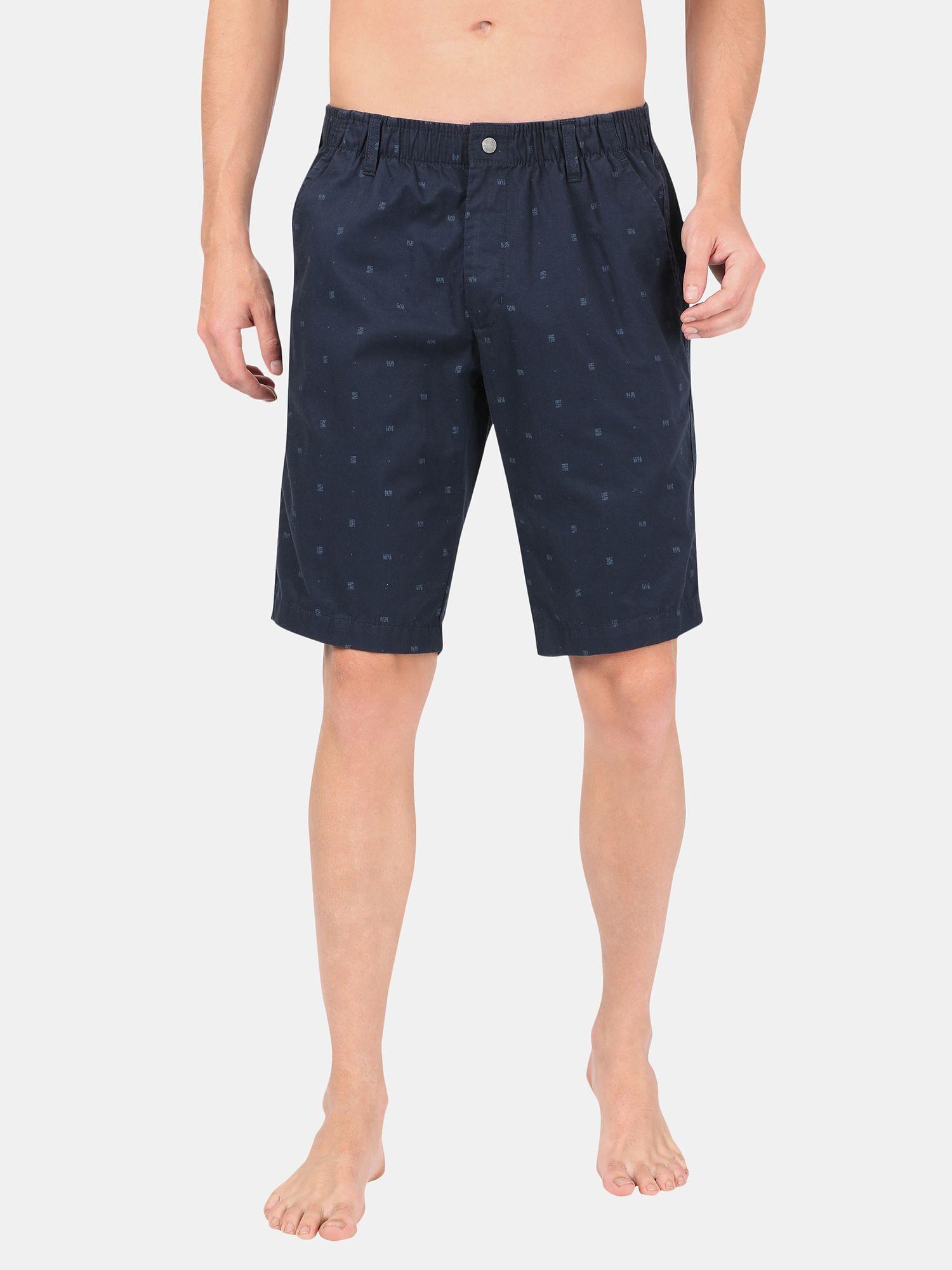 1206 Men Mercerised Cotton Woven Fabric Straight Fit Shorts with Side Pockets - Navy