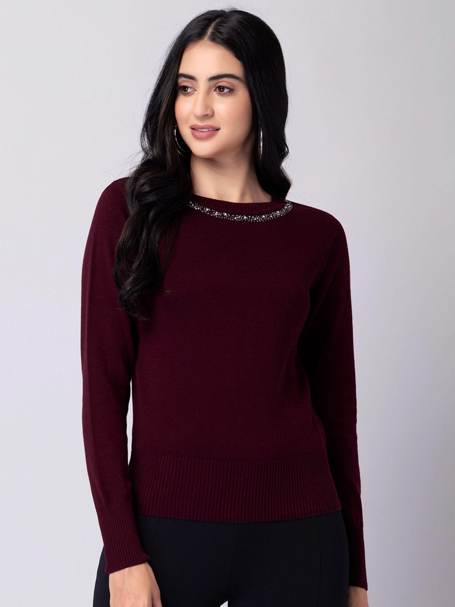 maroon-embellished-neck-sweater