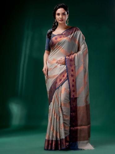 Grey Cotton Silk Saree with Woven Design with Unstitched Blouse